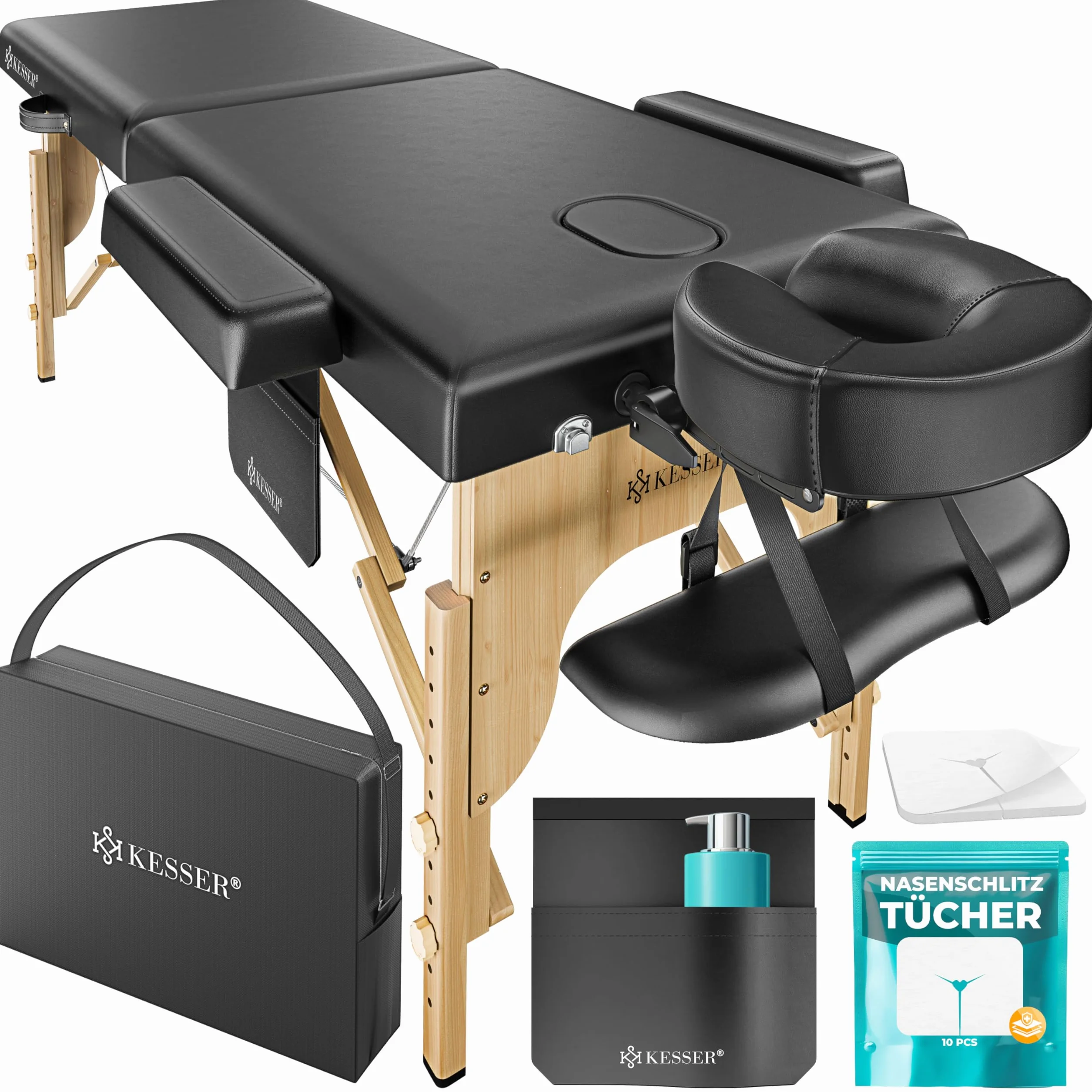 KESSER Lettino da massaggio mobile con piedini in legno, pieghevole e regolabile in altezza, max 250 kg, 2 zone, per massaggio, per cosmetici, ampio lettino terapeutico, poggiatesta e braccioli, con
