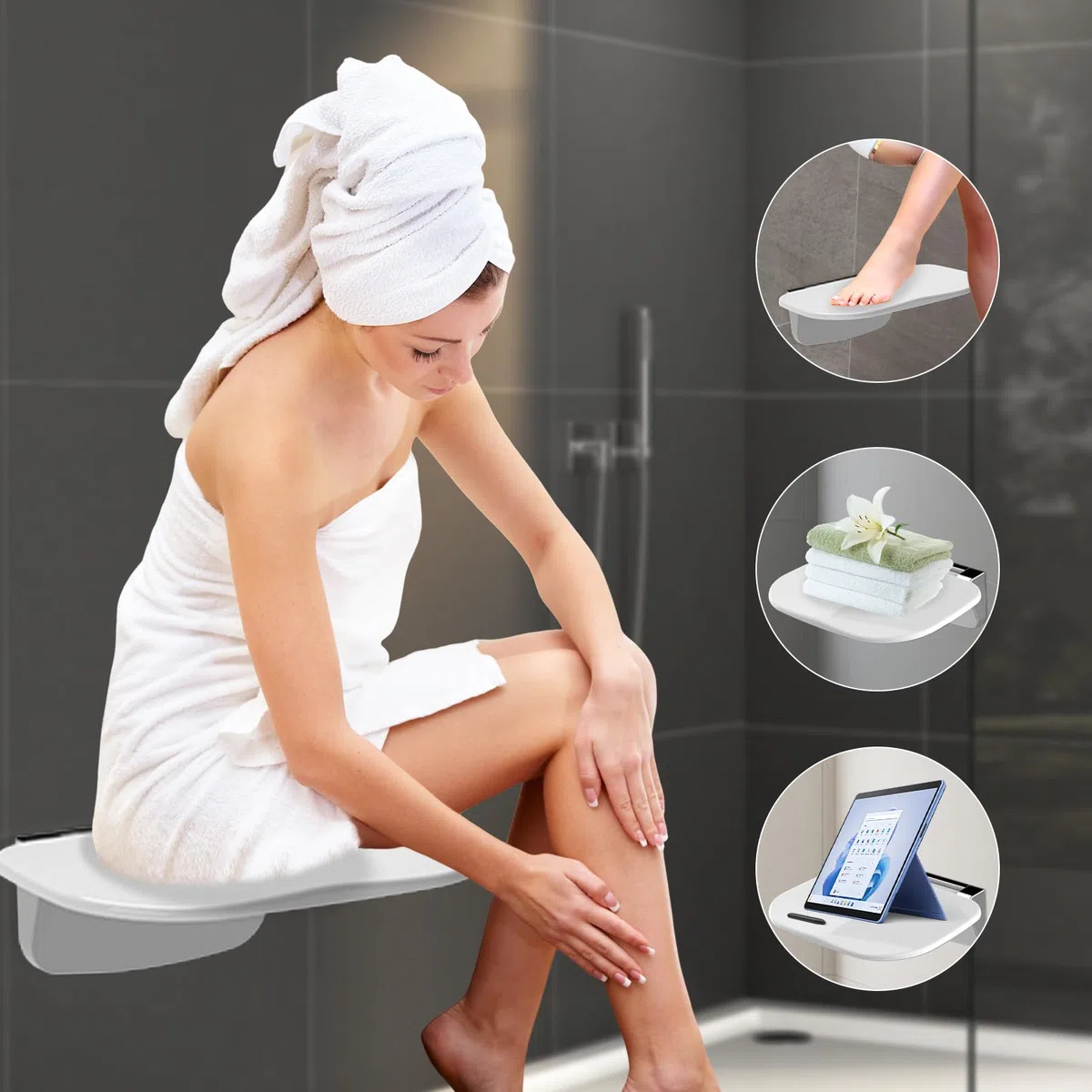 Sedia Doccia Sottile Ergonomica Pieghevole a Muro - 180kg Portata Max Antiscivolo, per Anziani e Disabili, Bianco