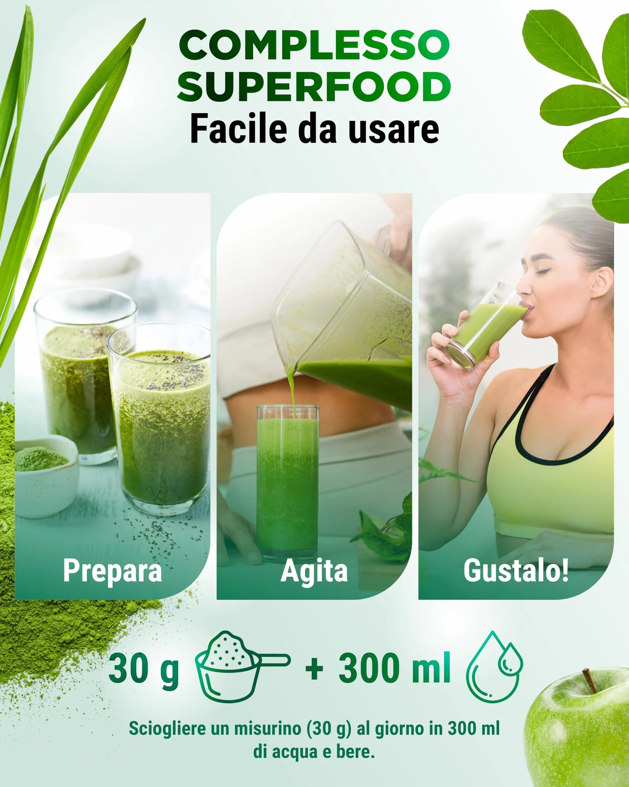 Daily Greens & Fibre Powder psillio spirulina moringa erba d'orzo inulina fibra di mela curcuma fibra di acacia lecitina 600 g Mela verde
