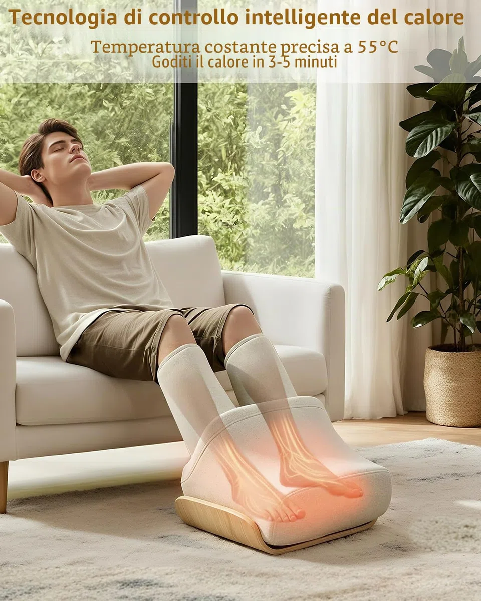 massaggiatore per piedi Shiatsu con funzione riscaldante, massaggio pneumatico per polpacci e rulli, massaggiatore per gambe per uso domestico, beige