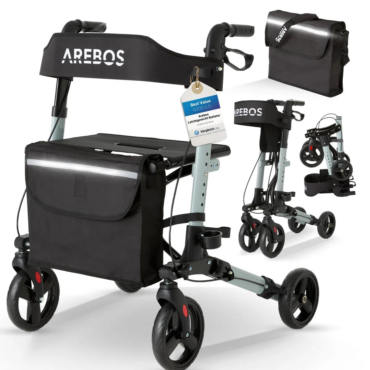 Arebos Deambulatore 4 Ruote | 136 kg | Pieghevole | Alluminio | Peso Leggero | con Borsa per la Spesa | Nero