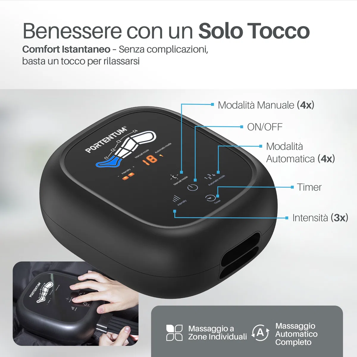 PORTENTUM Pressoterapia linfodrenaggio con batteria – Massaggiatore gambe e addome con 8 modalità e 3 intensità – Telecomando con schermo LCD – USB-C – Accessori per braccia e cintura – Borsa inclusa
