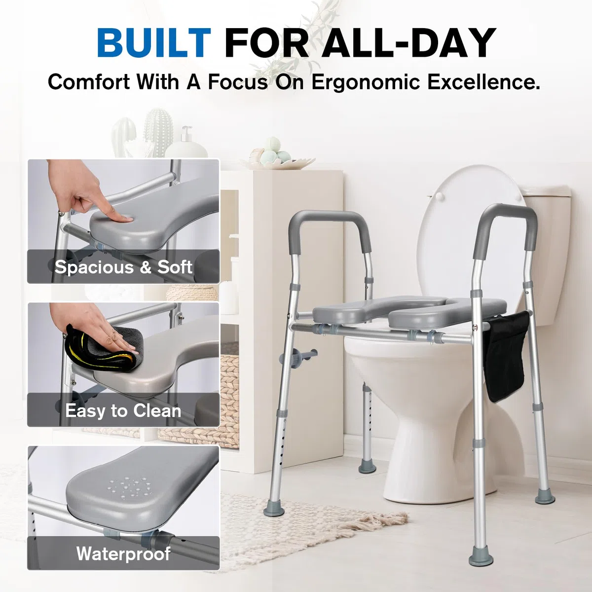 Rialzo WC Regolabile per Anziani e Disabili, Altezza 74-86 cm, Larghezza 50-60 cm, con Braccioli e Portariviste, Bianco