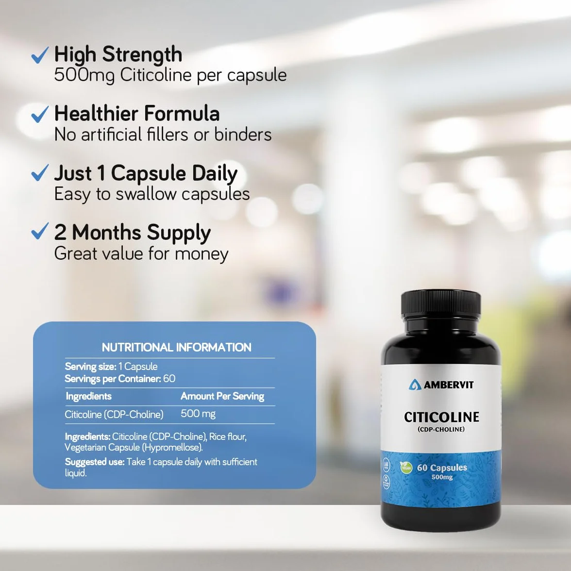 Citicolina 500 mg 60 Capsule CDP Colina integratore Alta Concentrazione Memoria Concentrazione Prestazioni Mentali Ambervit