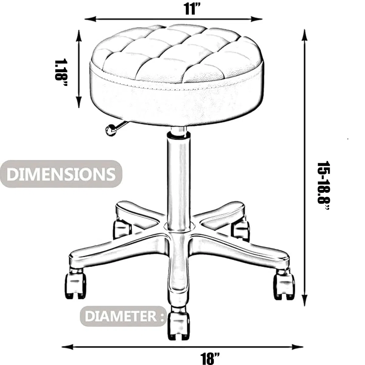 Piccola sedia rotonda con ruote, in pelle PU, regolabile in altezza, girevole, per lavoro, massaggi, spa, salone, casa, ufficio, (nero)