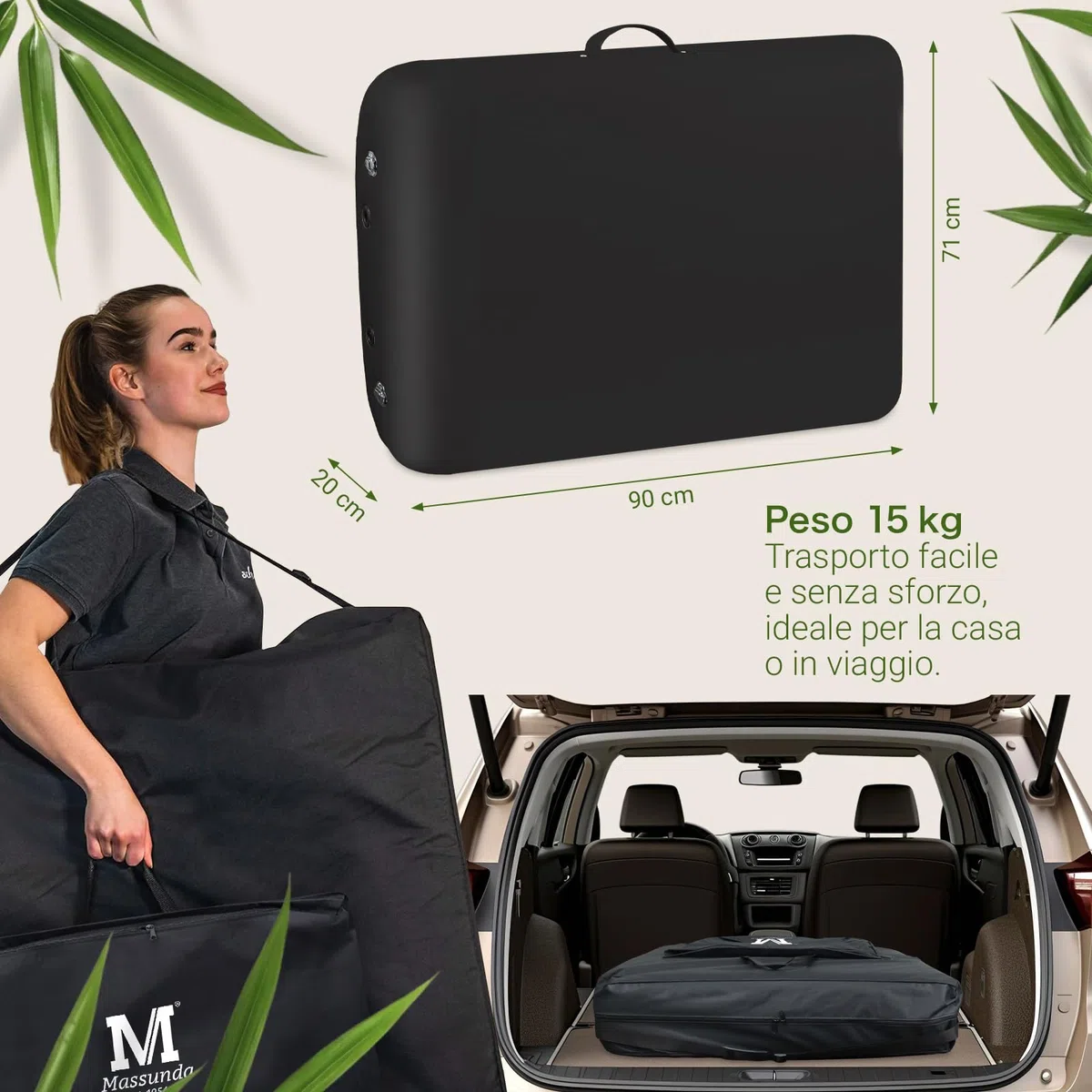 MASSUNDA - Lettino massaggio mobile Comfort Deluxe regolabile in altezza - tavolino massaggio EXTRA largo legno massiccio - panchina con poggiatesta ergonomico, copertura, bracciolo, cuscino (nero)