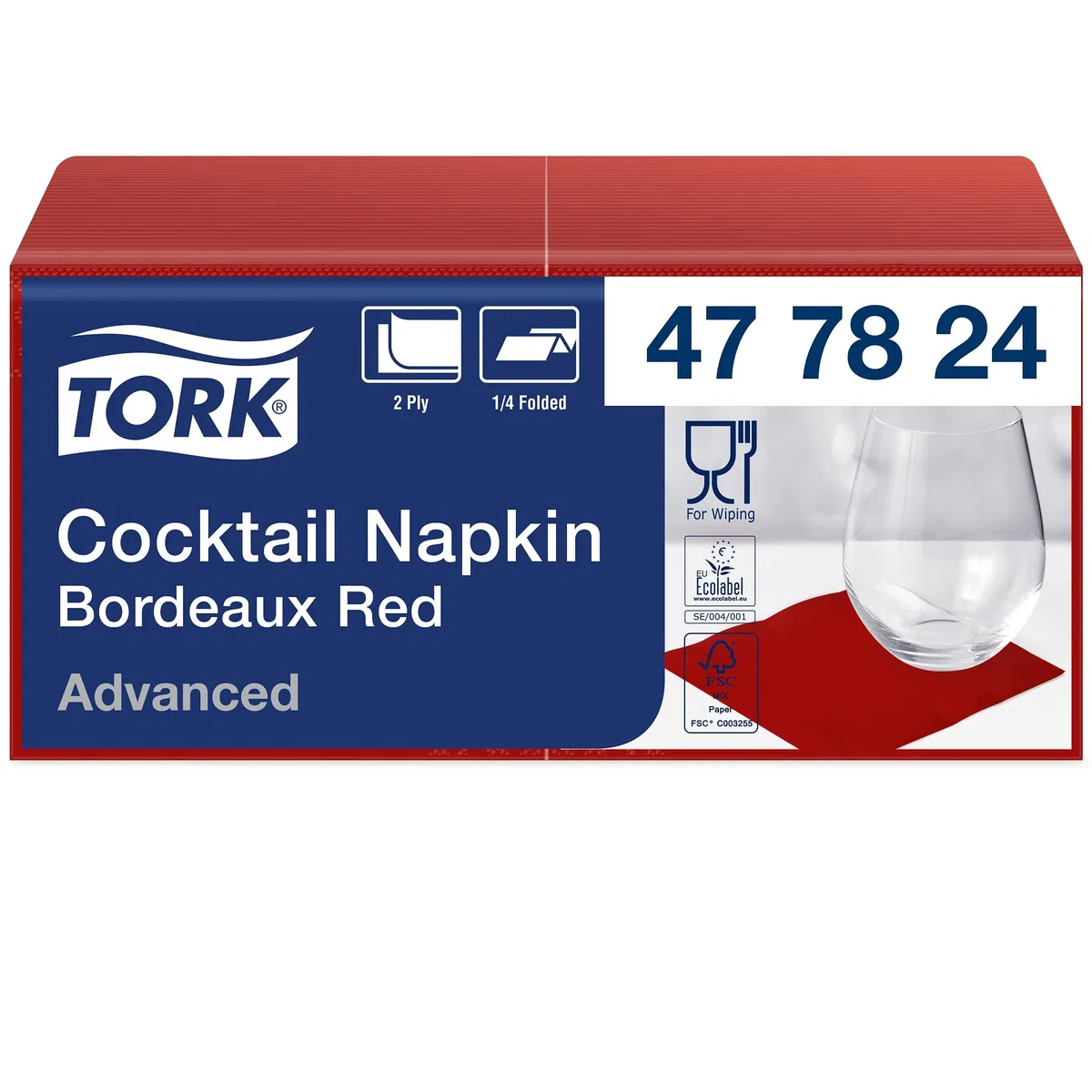 Tork 477824 Tovagliolo Cocktail bordeaux Advanced, 2 veli, 12 pacchi x 200 tovaglioli (2400 pz), 24 cm (lungh.) x 23,8 cm (largh.)