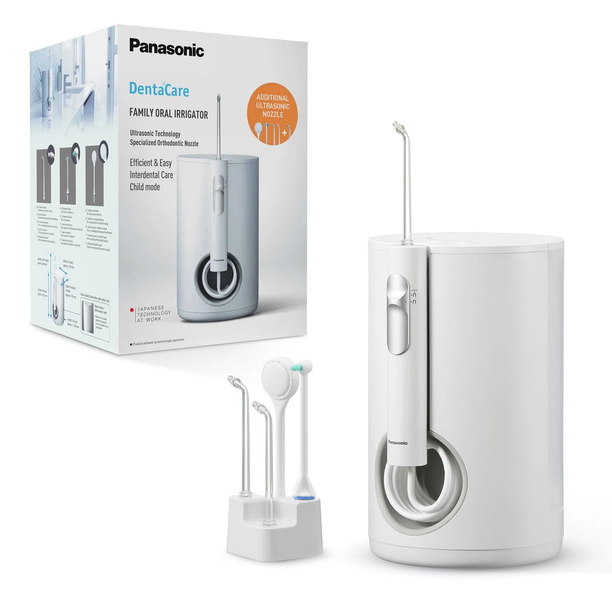 Panasonic EW1614AW503 PACK Irrigatore Orale per la Famiglia, Idropulsore per Denti, Getto Ultrasonico, Modalità Bambino, 10 Impostazioni di Pressione, IPX7, Ortodontico, 5 ugelli, Bianco