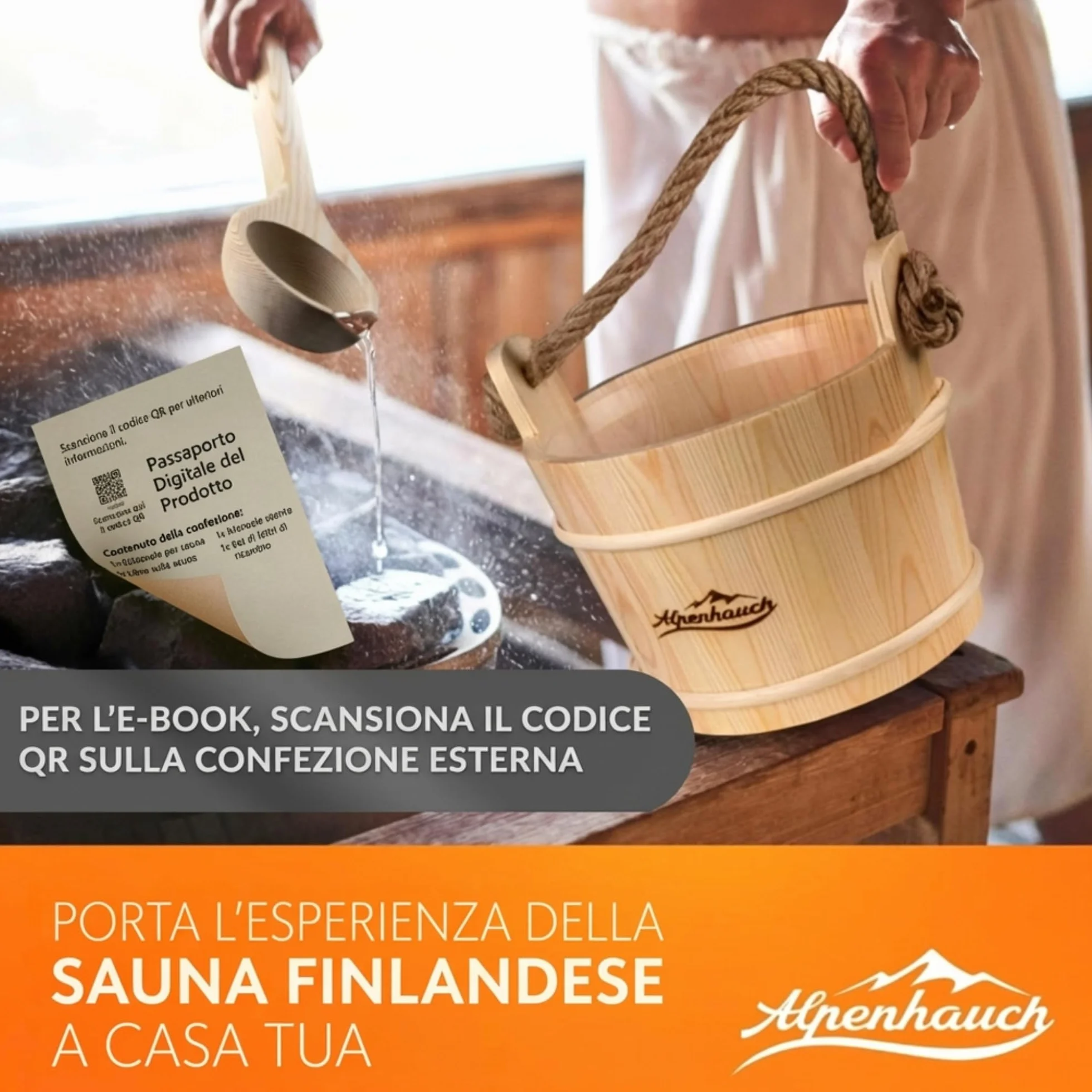 ALPENHAUCH Secchio per sauna con cucchiaio in legno naturale - Set accessori sauna con clessidra e termometro