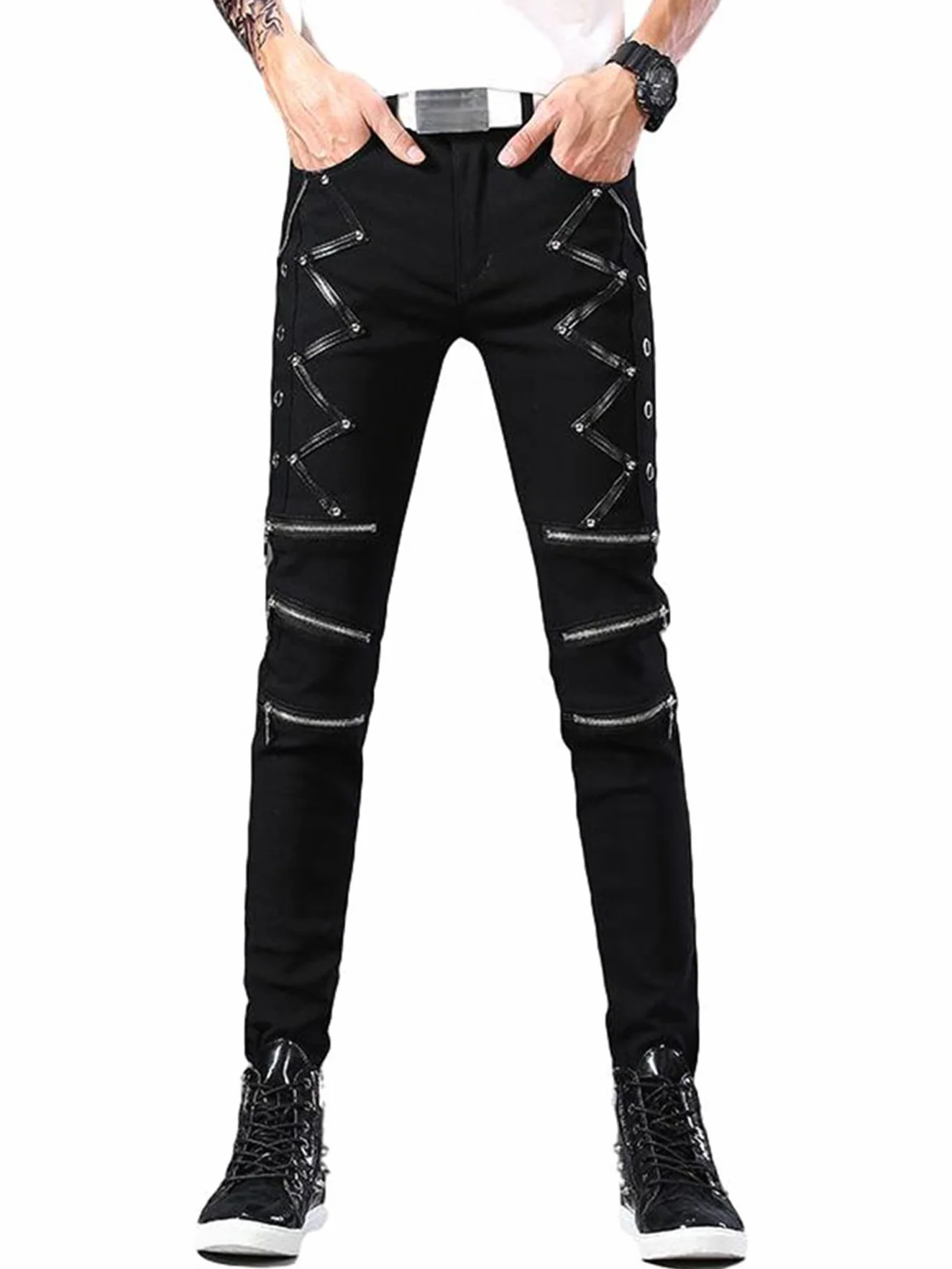 Idopy Pantaloni elasticizzati da uomo jeans da motociclista con borchie punk gotico