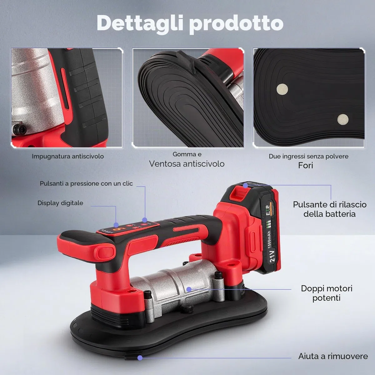 Vibratore e ventosa per piastrelle 2 in 1 senza fili, con ventosa da 28 x 15 cm Regolazione a nove velocità Capacità di carico di 200kg Supporto affidabile per tutti i tipi di lavori di piastrellatura