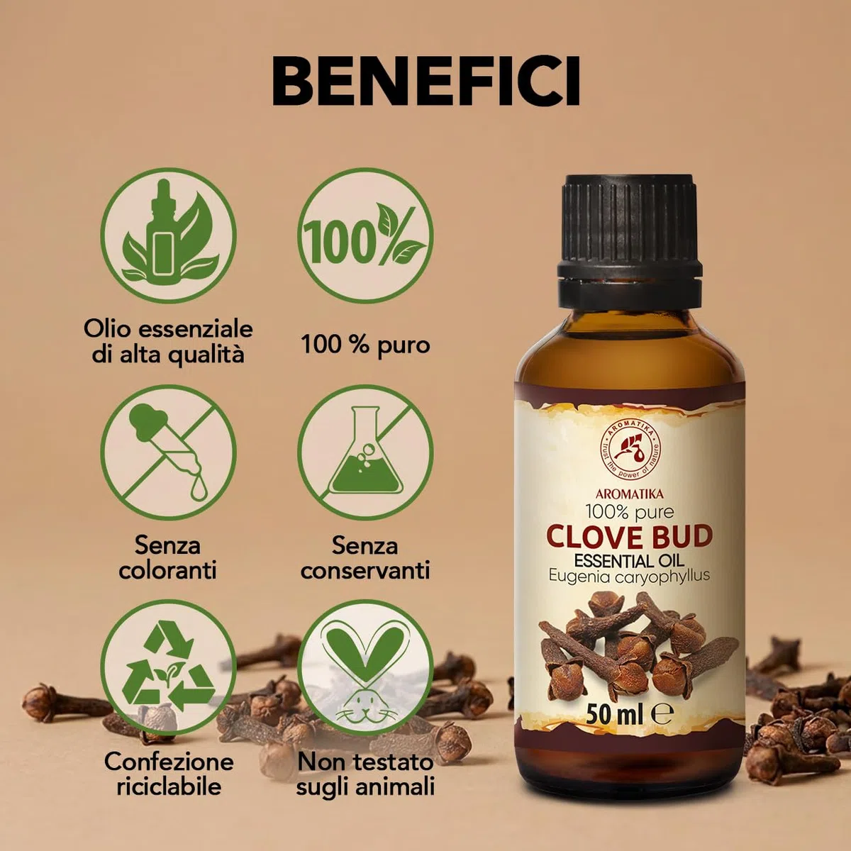 Olio Essenziale di Chiodi di Garofano 50 ml - Eugenia Caryophyllus - Naturale e Puro - Olio essenziali per Diffusori - Aroma per la Casa - Saponi e Candele - Profumo di lunga durata - Aromaterapia