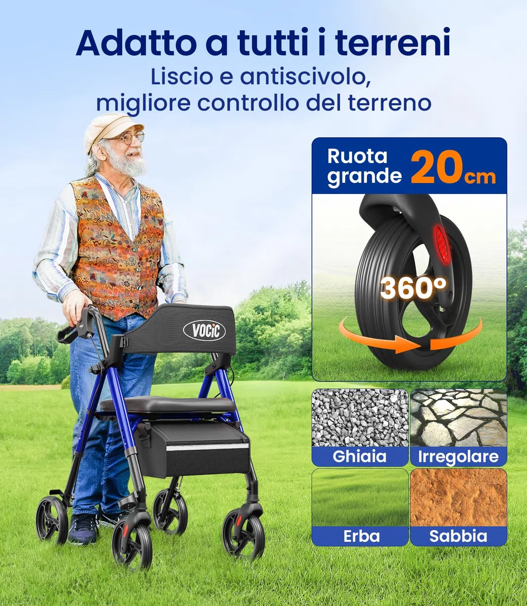 VOCIC deambulatore per anziani 4 ruote,Girello in alluminio leggero con seduta,Rollator pieghevole per alle terrenne, Altezza sedile regolabile,Per esterno e interno,Blu Zaffiro | 5 anni di garanzia