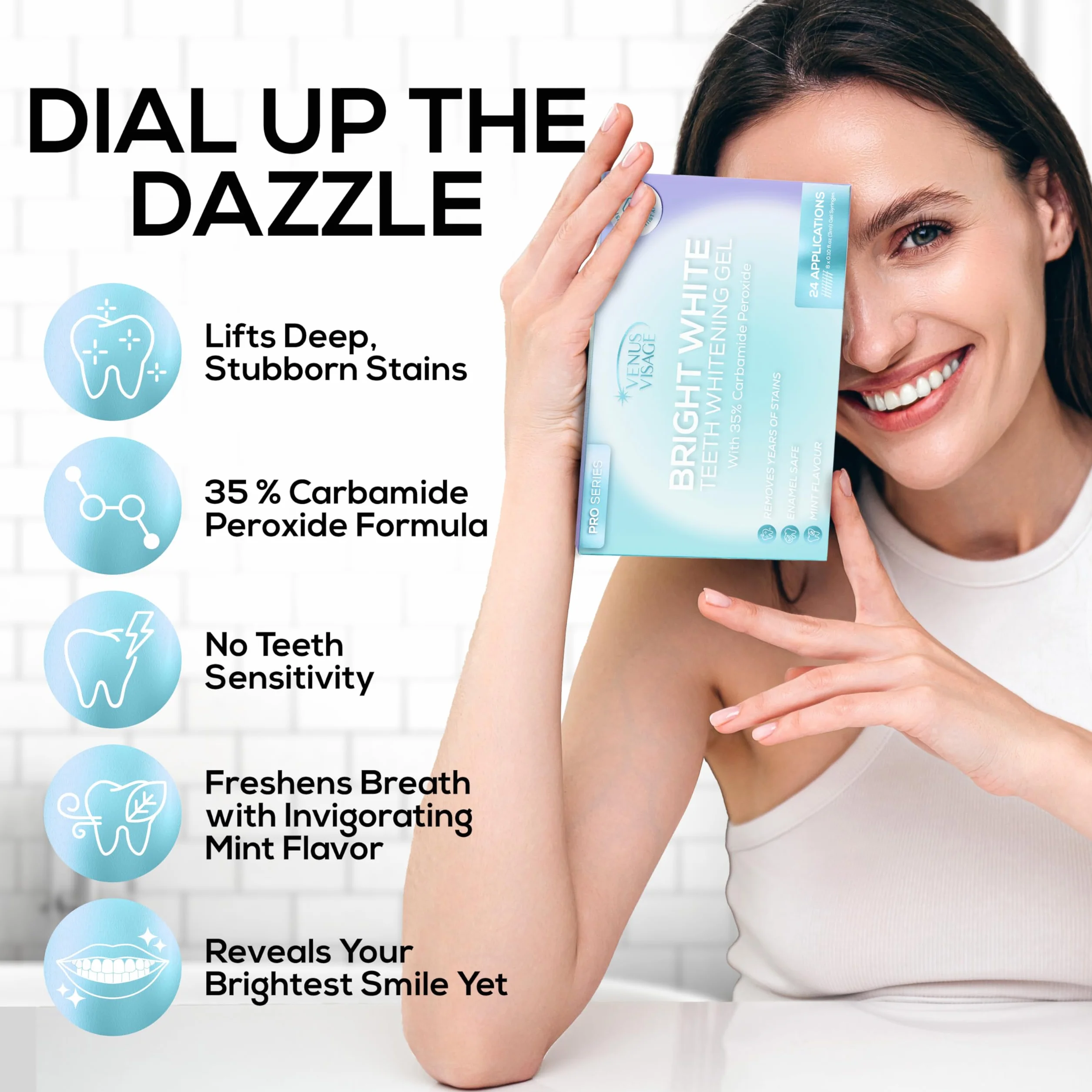 Venus Visage Kit di ricarica gel sbiancante denti 35% perossido di carbammide senza sensibilità 8 pezzi