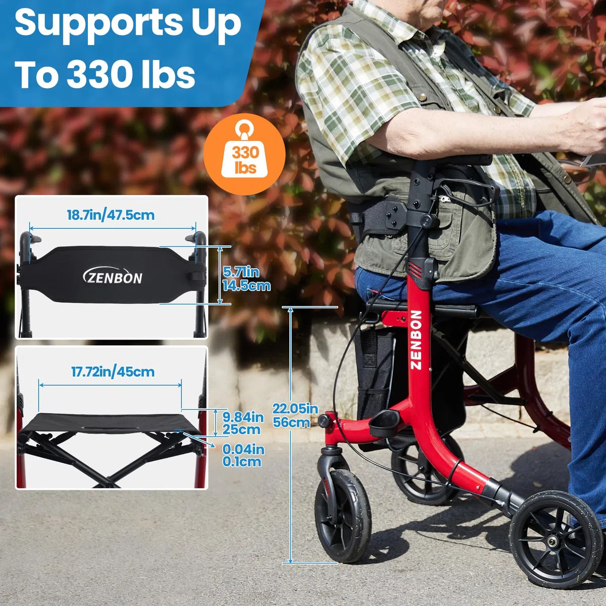 Deambulatore in Alluminio Ultraleggero con 4 Ruote: Rollator Stretto per la Casa, Deambulatore con Seduta Pieghevole per Anziani - Rollator da Viaggio con Maniglia Regolabile in Altezza (Rosso)