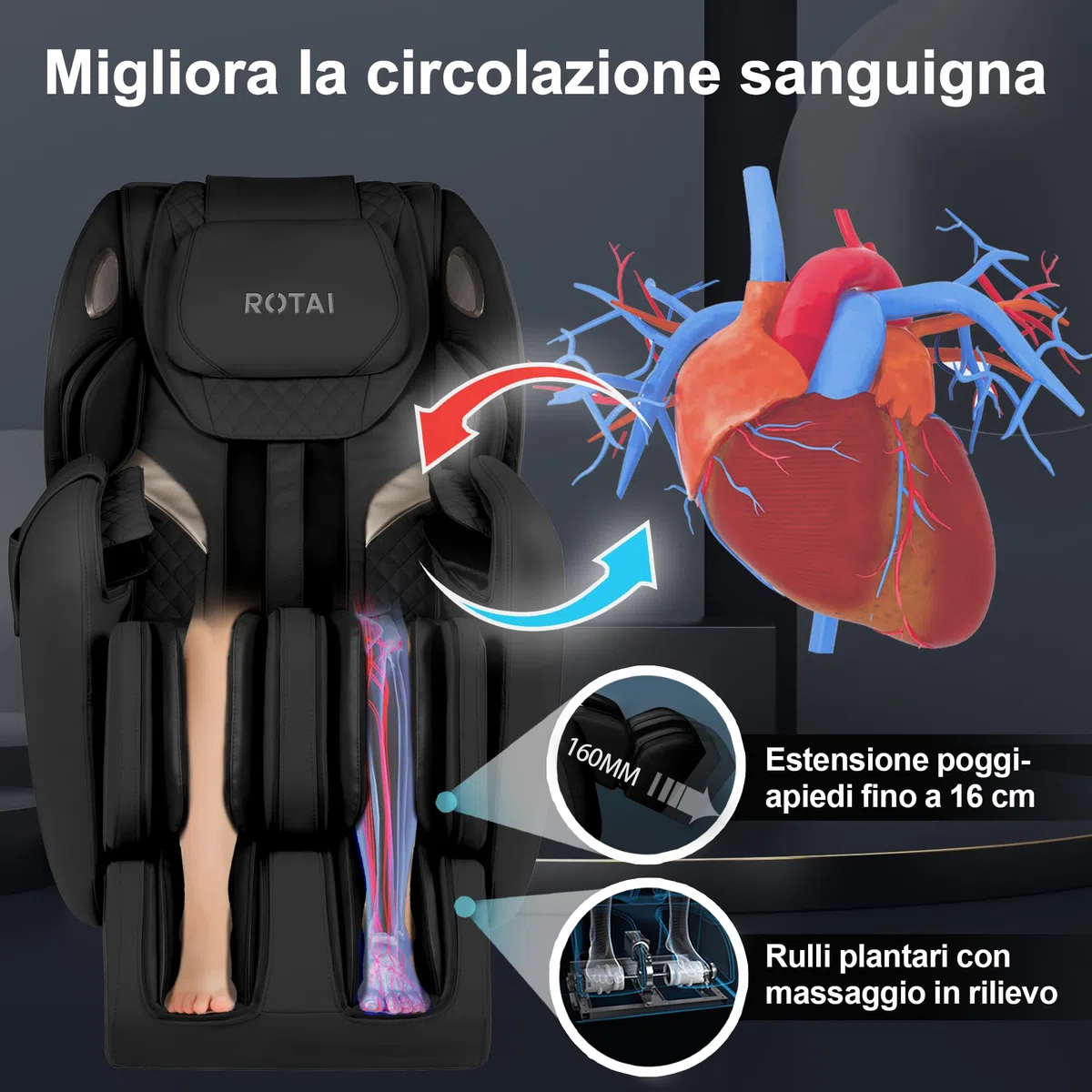 ROTAI ARONT Poltrona massaggiante 3D+ - 12 programmi professionali di massaggio e pressoterapia - Termoterapia - Tecnologia Gravità e Spazio Zero Suono 3D Bluetooth