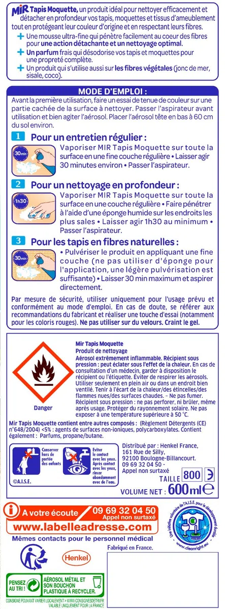 Mir Moquette Detergente per Moquette e tappeti - Spray Schiuma, 600 ml, Set di 3