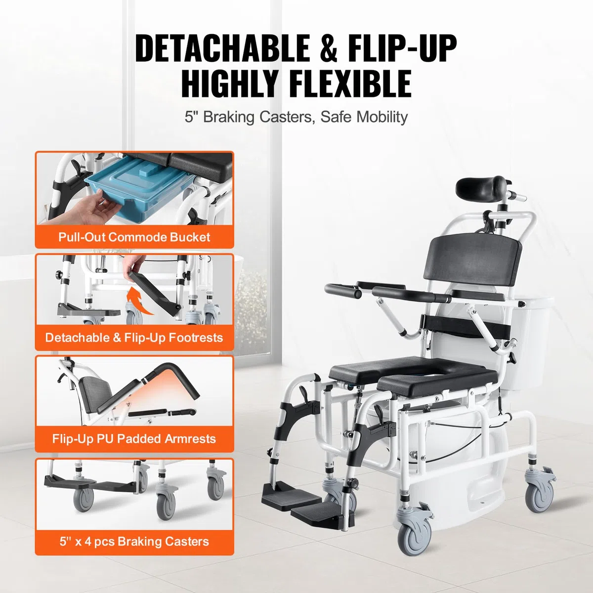 VEVOR Sedia a Rotelle per Doccia, Bagno per Adulti Disabili, Sedia in Alluminio per Doccia Rotolante Regolabile con Freno Sedia da Trasporto per Comoda da Doccia Capacità 136 kg Larghezza 440 mm