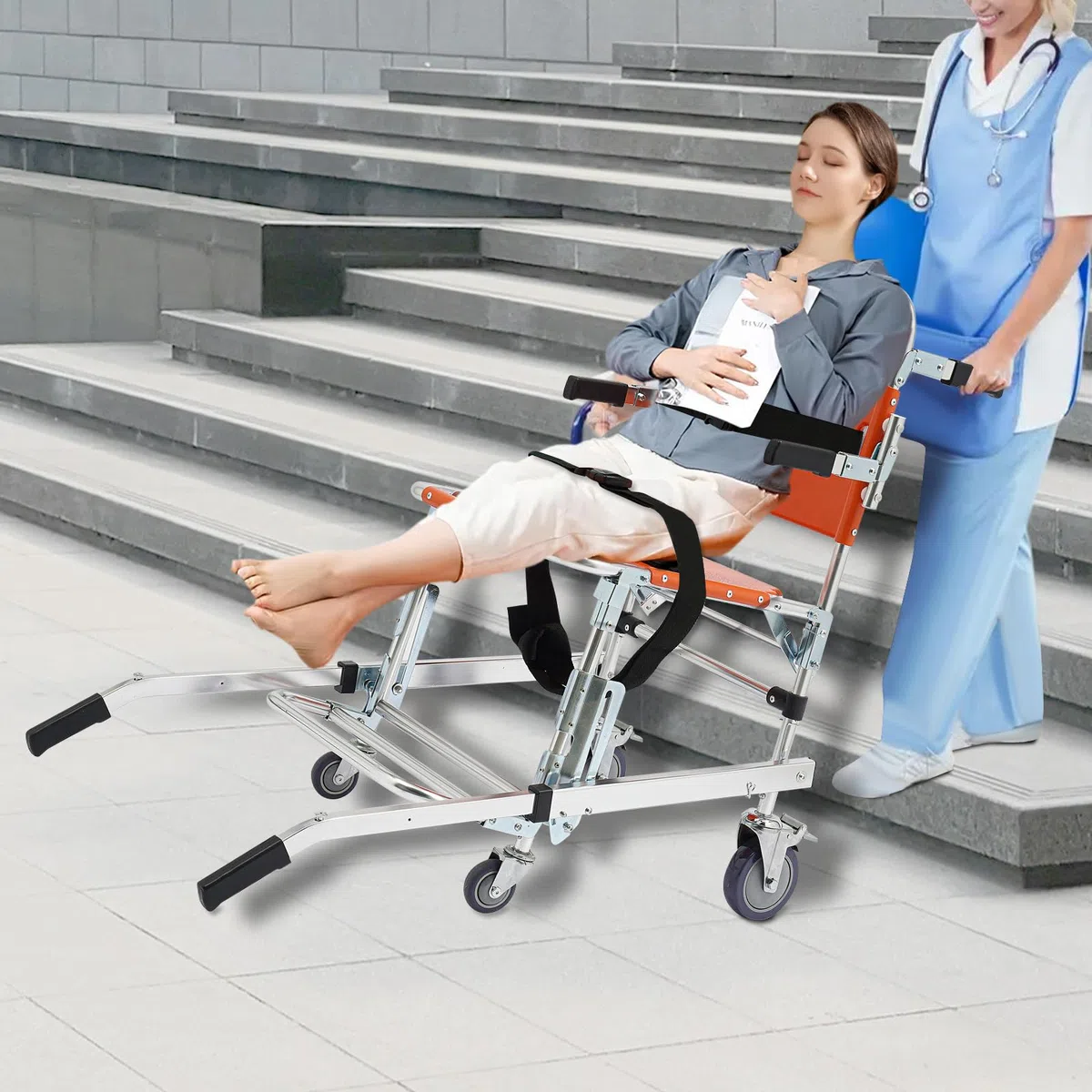 Sedia da trasporto pieghevole, capacità di carico 159 kg, sollevamento scale con cinture di sicurezza, 4 ruote universali, leggera, pieghevole, per anziani e disabili