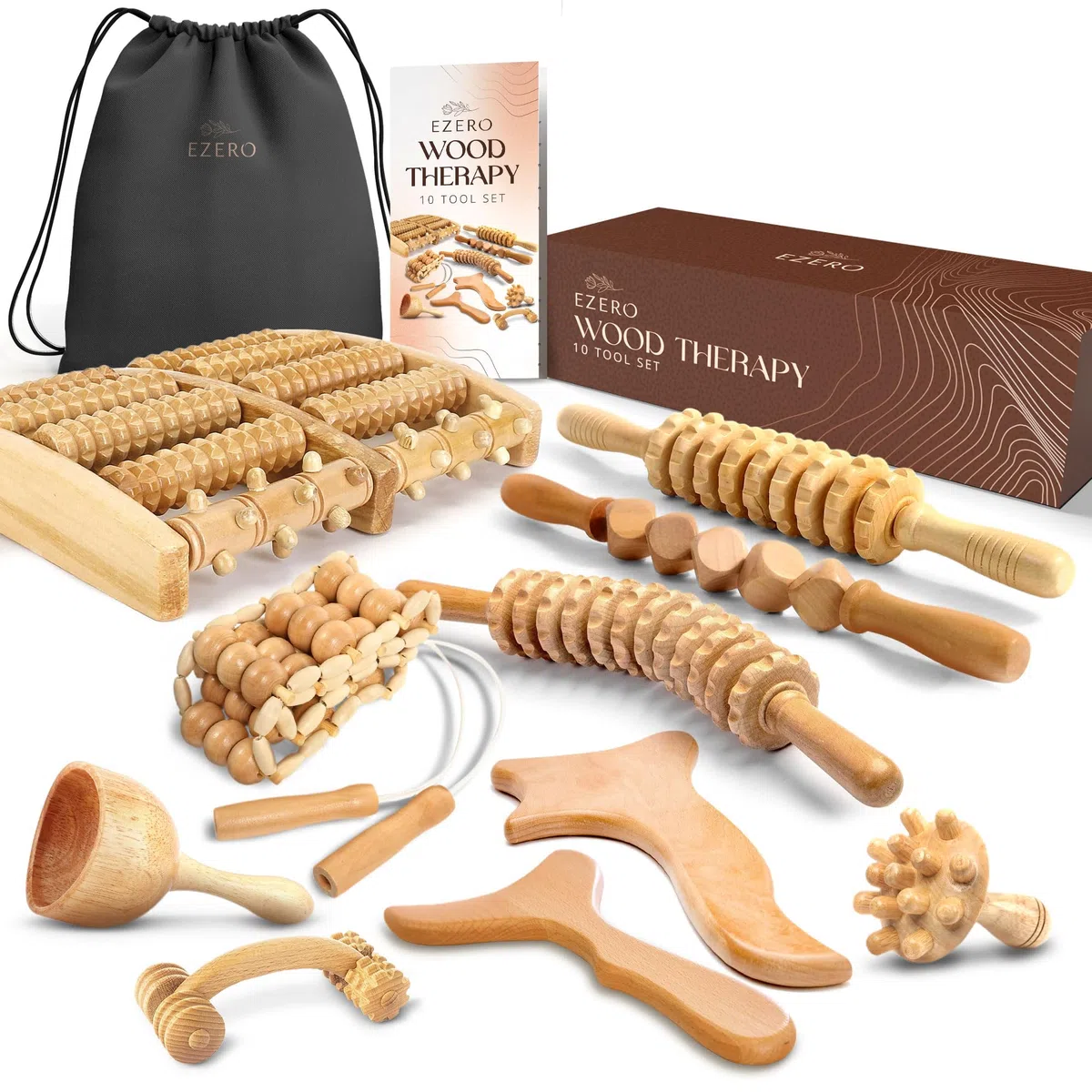Ezero Maderoterapia Kit Legno 10 Pezzi con Bolsa e Manuale - Maderoterapia Rullo con Guasha Massaggio Corpo e Rullo Massaggio Cellulite - Massaggiatore Anticellulite - Massaggiatore Cellulite