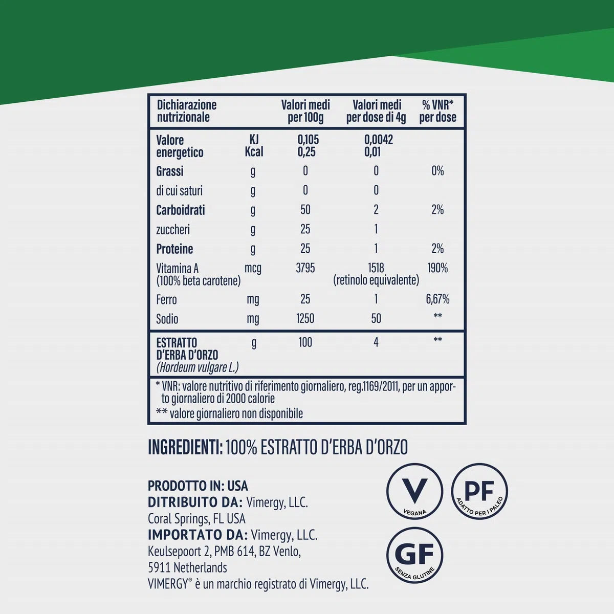 Vimergy Barley Grass Juice Powder, 62 Dosi – Erba d'Orzo in Polvere Super Green – Senza Antiagglomeranti, Riempitivi, Aromi, Zucchero – Vegano, Senza OGM e Senza Glutine (250 g)