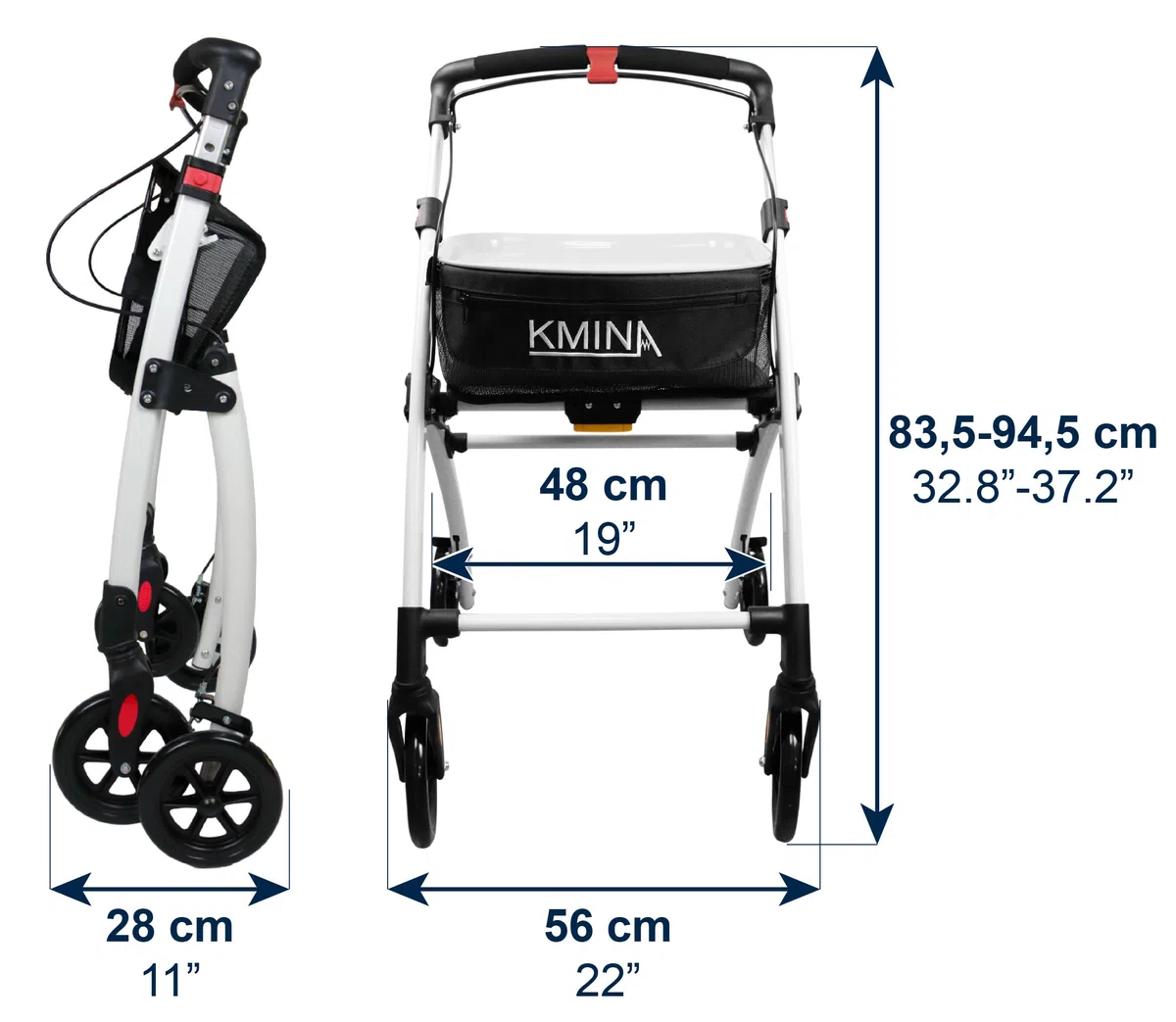 KMINA Deambulatore per Anziani Pieghevole a 4 Ruote, Rollator Regolabile in Altezza, Carrello Girello da Esterno e Interno, Nero - Modello PRO