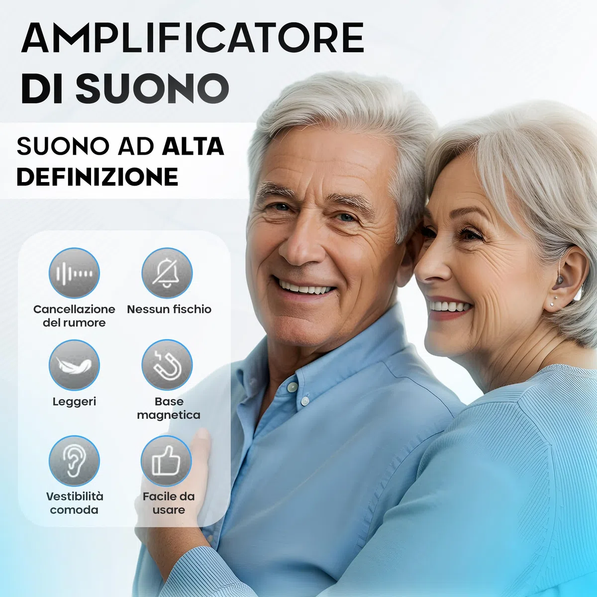 Amplificatore di Suono Personale Ricaricabile (2 Unità), Ultraleggero (4 g) Retroauricolare (BTE), Chip DSP, Volume Regolabile, Base di Ricarica Magnetica, per TV e Conversazioni