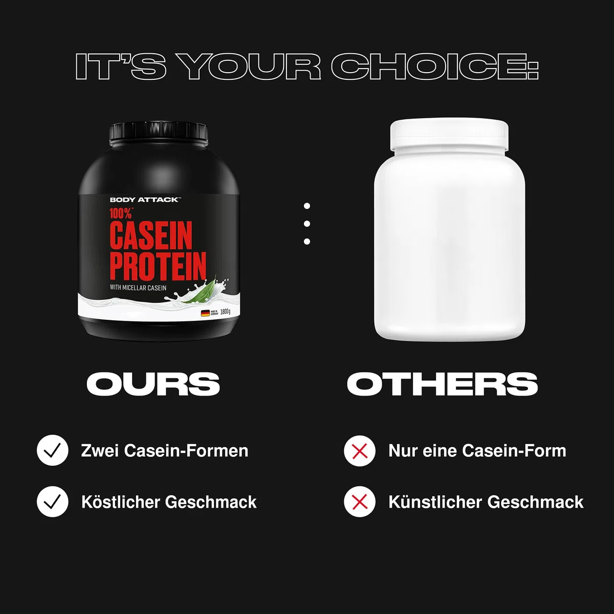 Body Attack 100% proteine caseina, naturale, 1,8 kg di proteine in polvere – ricco di aminoacidi essenziali – costruzione muscolare e conservazione