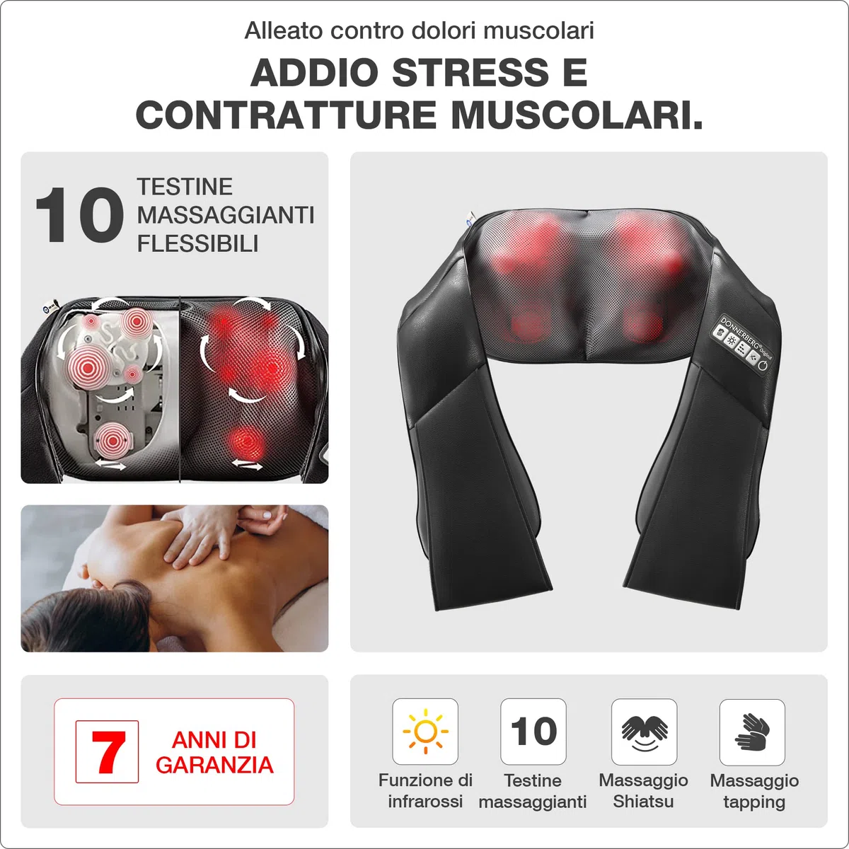 Massaggiatore schiena e spale Donnerberg - Massaggio dei tessuti profondi - 2 tecniche di massaggio - Shiatsu e percussioni con infrarossi - Alta qualità tedesca -7 anni di garanzia sul motore
