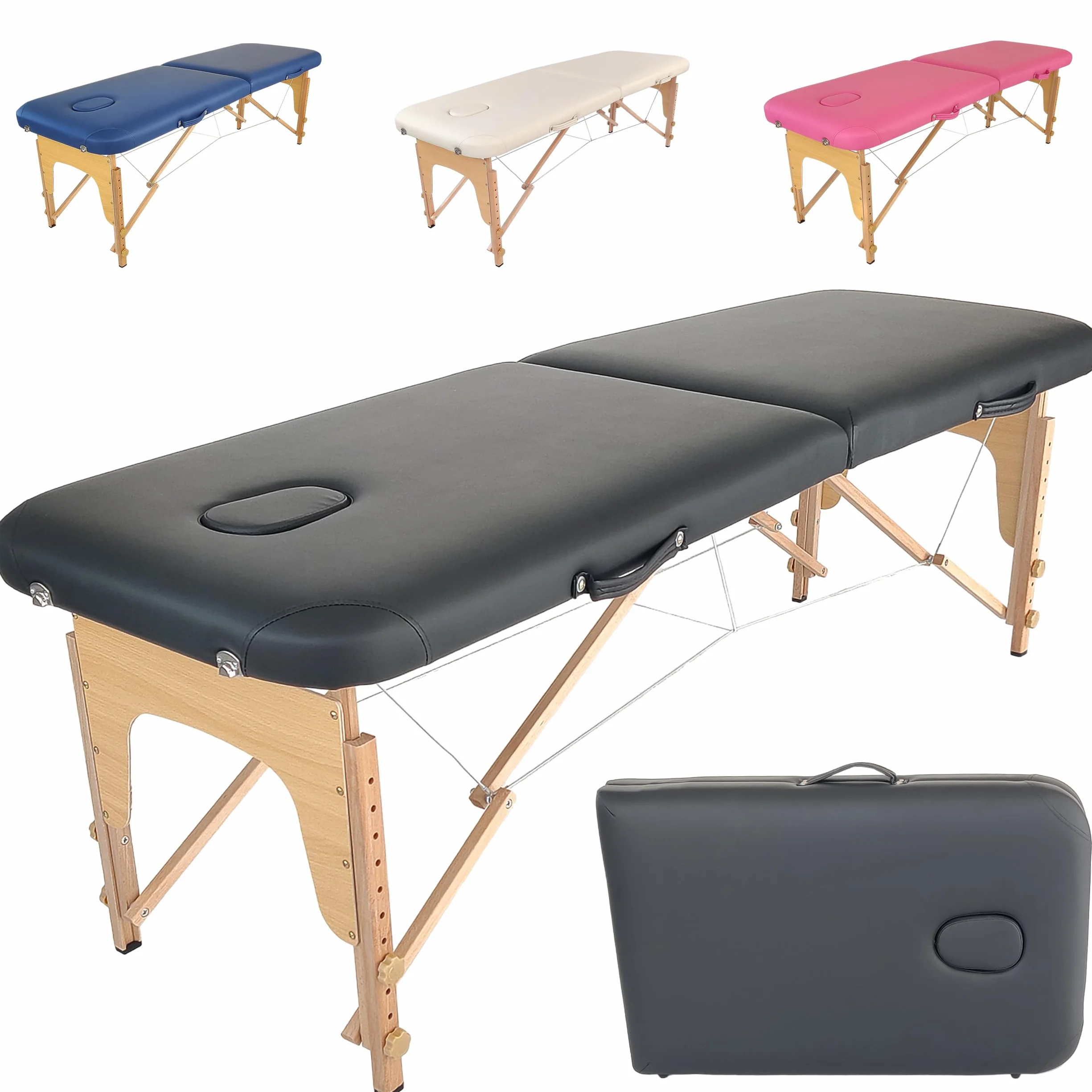 Beltom Lettino da Massaggio 2 Zone in Legno 185x60 cm Portatile 11,6 kg Pannello Reiki Angoli Arrotondati e Rinforzati Nero
