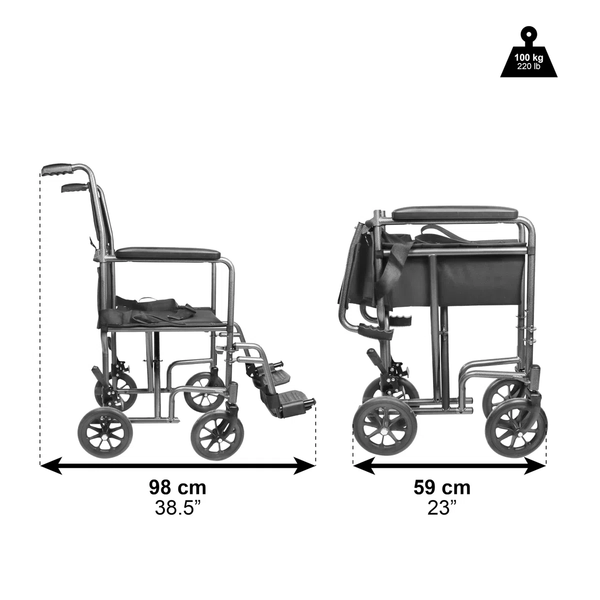 PEPE Mobility Sedia a Rotelle Pieghevole Leggera (Sedile Stretto 38 cm), Compatta in Acciaio per Disabili e Anziani, Facilmente Richiudibile e Pratica