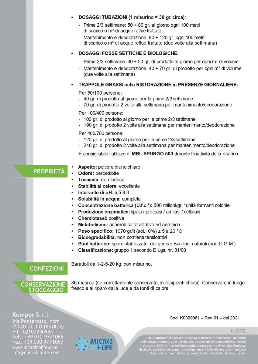 MBL SPURGO 500 – kg. 5 Attivatore biologico in polvere per lo spurgo di fosse e tubazioni, contiene un misurino per il corretto dosaggio - (500 milioni di microrganismi per grammo)