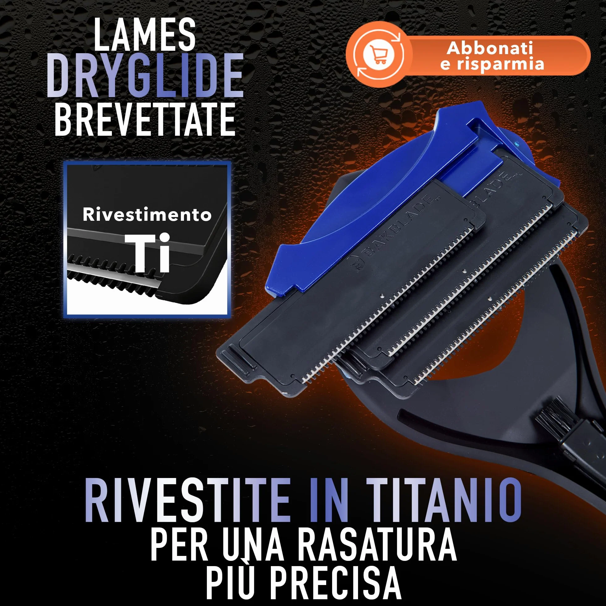 BakBlade 3.0 Stealth Rasoio Schiena Uomo Manico Ergonomico 58,4 cm 3 Testine Ricambio