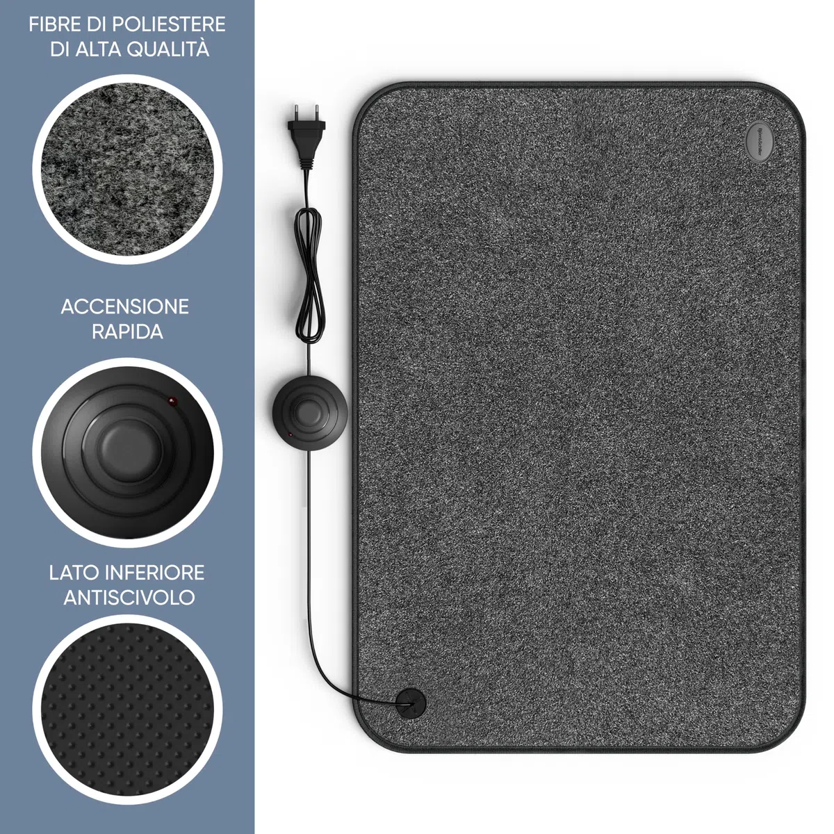 Björn&Schiller Tappetino riscaldante elettrico con interruttore a pedale, tappeto riscaldante piedi per pavimento, 75 Watt, riscalda piedi elettrica, 40x60 cm, per ufficio e casa, cavo da 210 cm