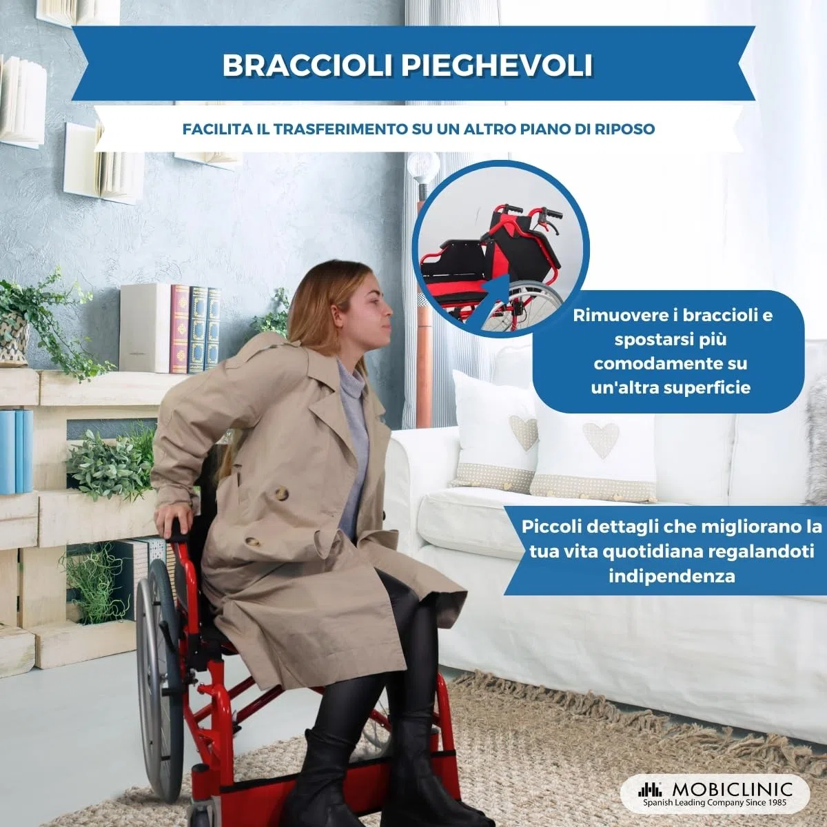 Mobiclinic, Sedia a rotelle pieghevole, Torre, Alluminio, Doppio sistema frenante, Poggiapiedi pieghevoli e rimovibili, Braccioli, Schienale diviso, Sedile 44 cm, Ultra leggero