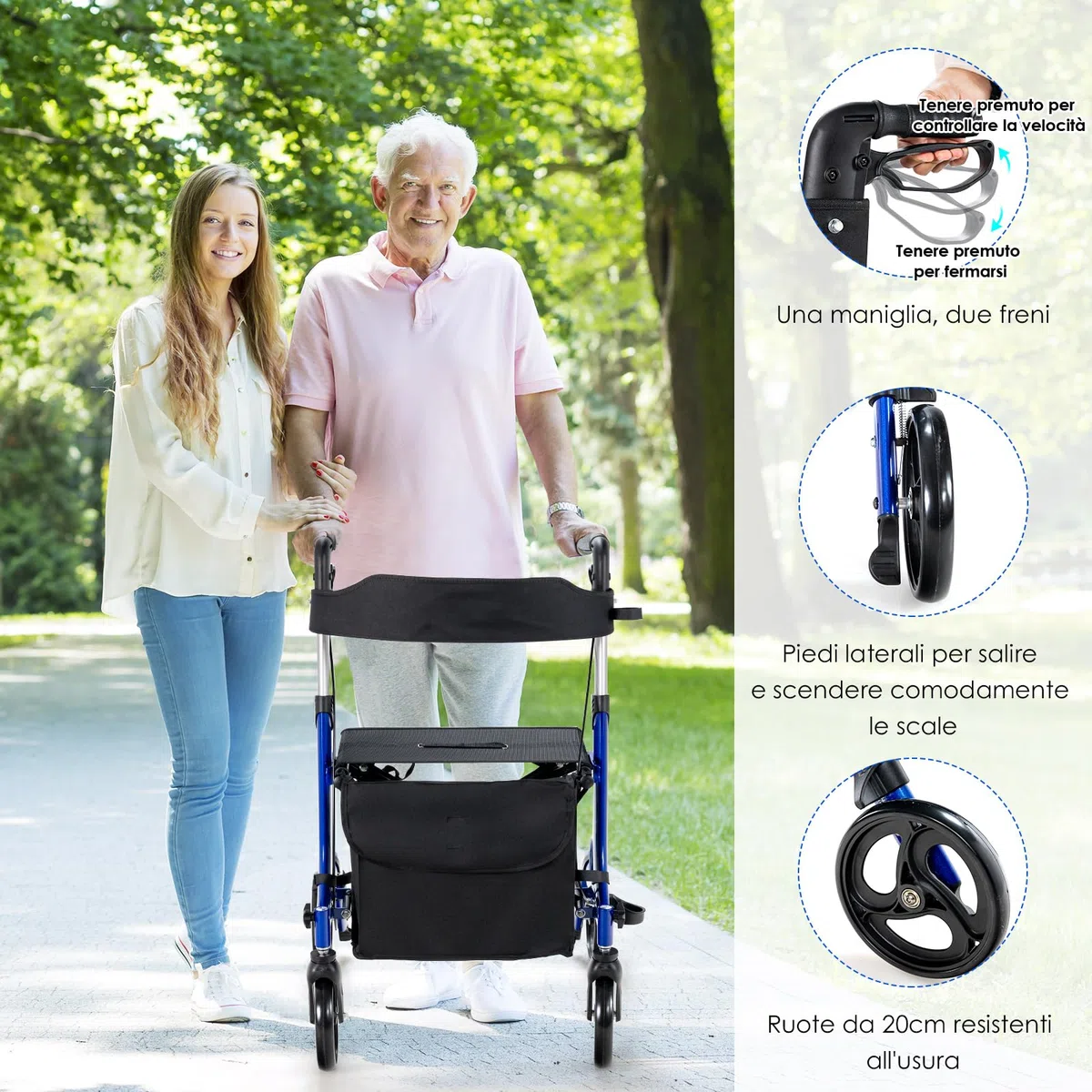 COSTWAY Deambulatore con Seduta 2 in 1, Rollator Pieghevole, Deambulatore per Anziani con 4 Ruote, Maniglie Regolabili Freni, con Doppia Funzione Schienale Reversibile e Borsa Portaoggetti (Blu)