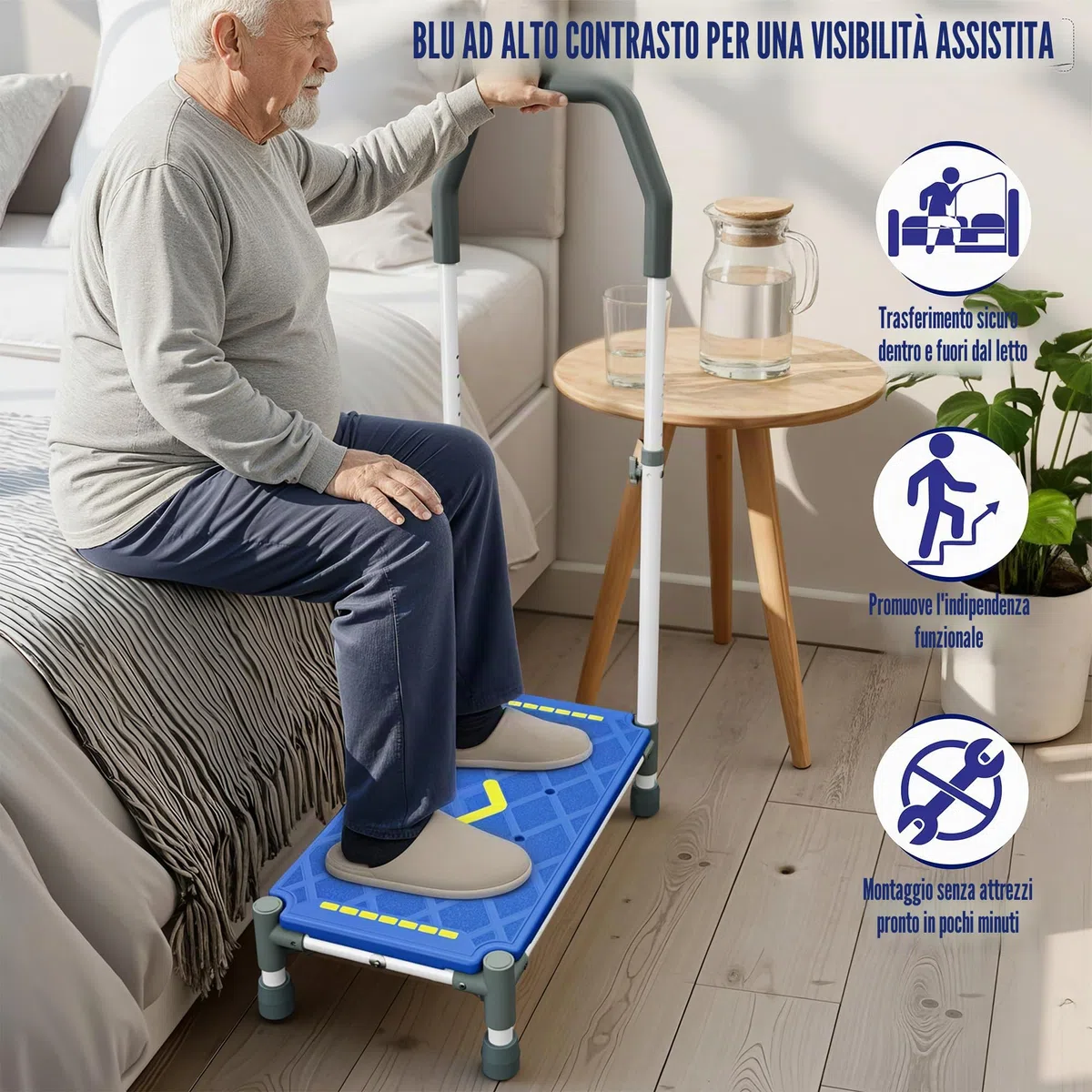 Sgabello Gradino con Pedata 55 cm – Braccioli regolabili in altezza,portata 225 kg,strisce luminescenti e antiscivolo –Ideale per letti alti,camper,cucina,bagno e anziani