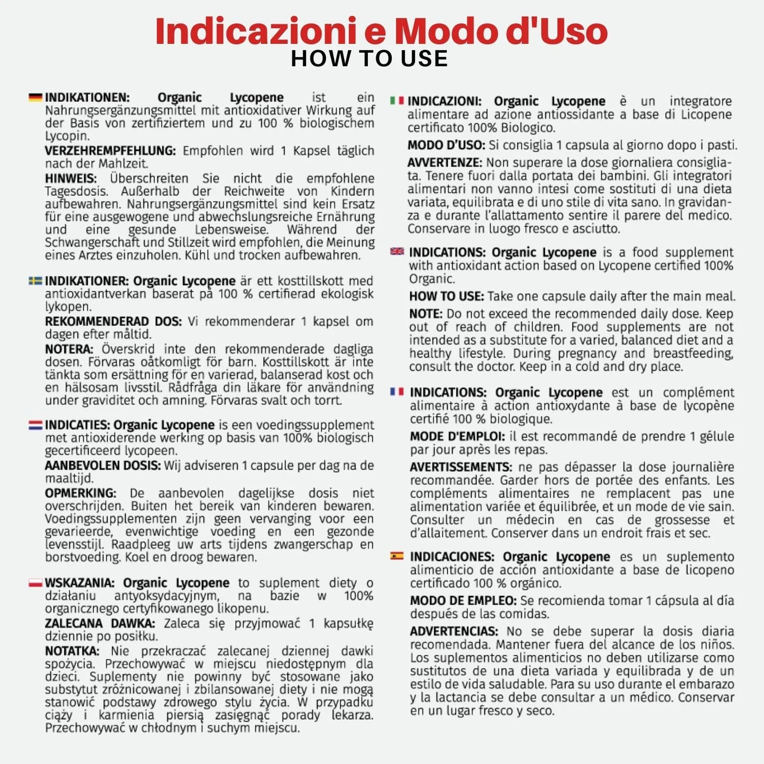 Organic Lycopene Integratore Antiossidante Licopene Certificato Biologico 90 Capsule