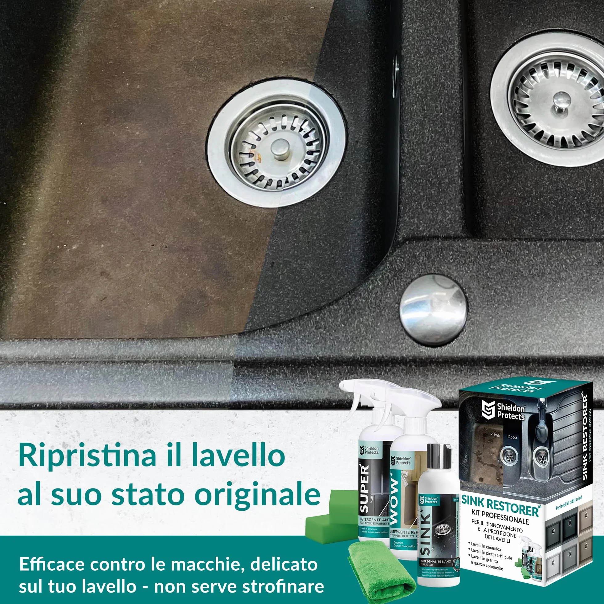 Shieldon Protects Kit rinnovamento lavelli: detergente anticalcare, spray smacchiatore, impregnante nano - per granito, quarzo, porcellana, ceramica