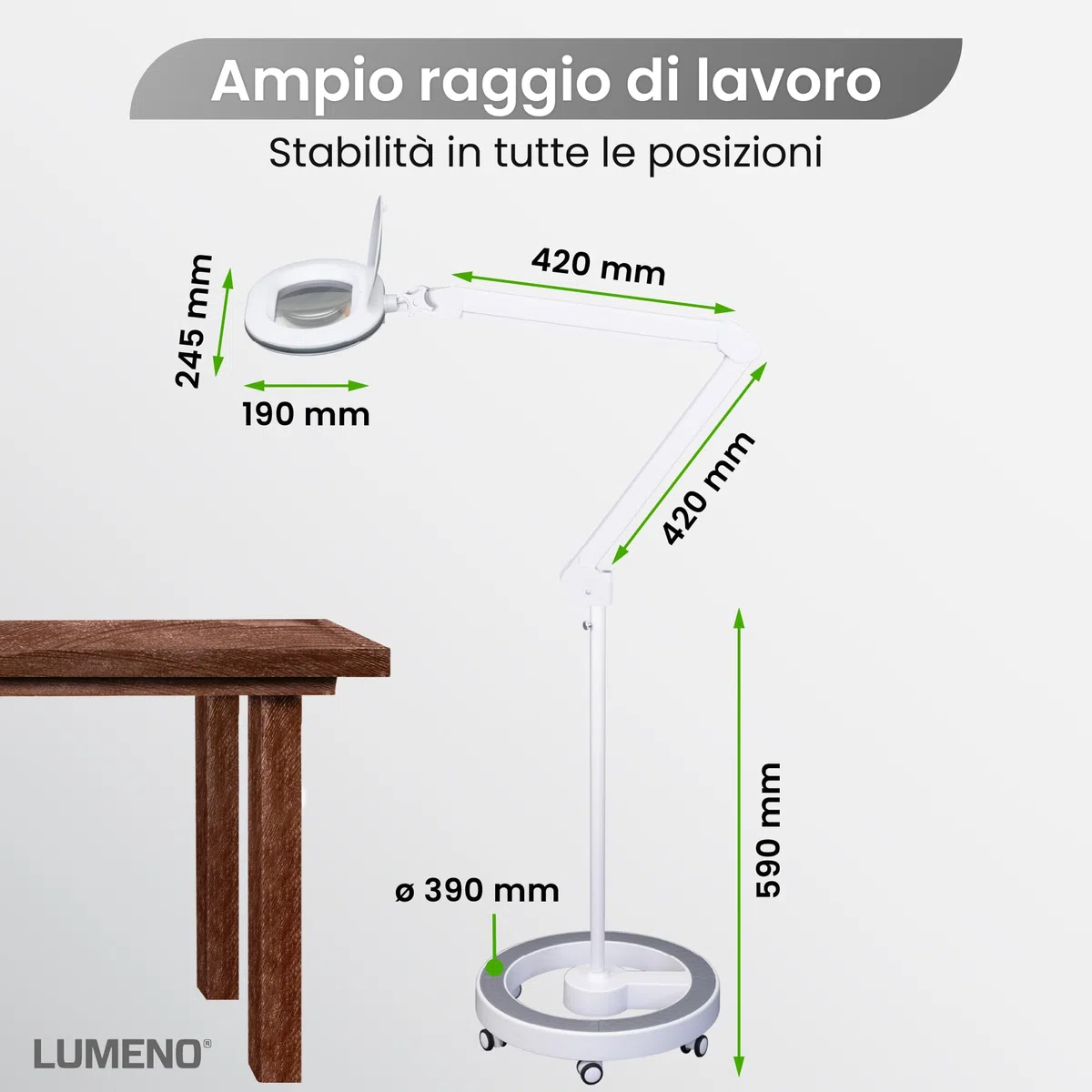 Lumeno 8615GR Lampada d'ingrandimento con grande lente ovale 110x150 mm, 60 LED dimmerabili in 2 fasi, perfetta come ausilio alla lettura, per i cosmetici, 5 diottrie grigio con treppiede rotante