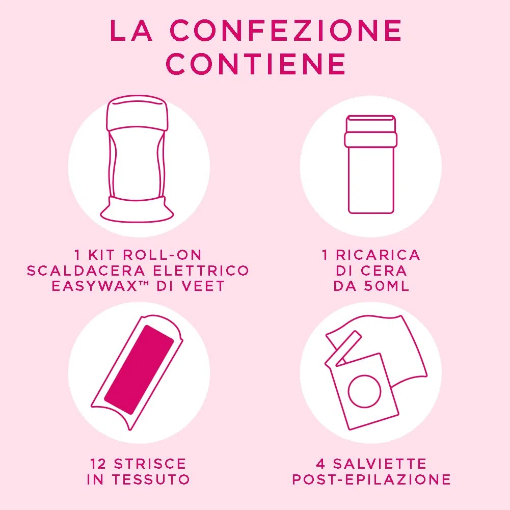 Veet Kit Roll-on Scaldacera Professionale Easy Wax Natural Inspiration, Inclusi Rullo Scaldacera Elettrico, 1 Ricarica di Cera 50ml, 12 Strisce e Salvietta Post-Epilazione, 90% Ingredienti Naturali