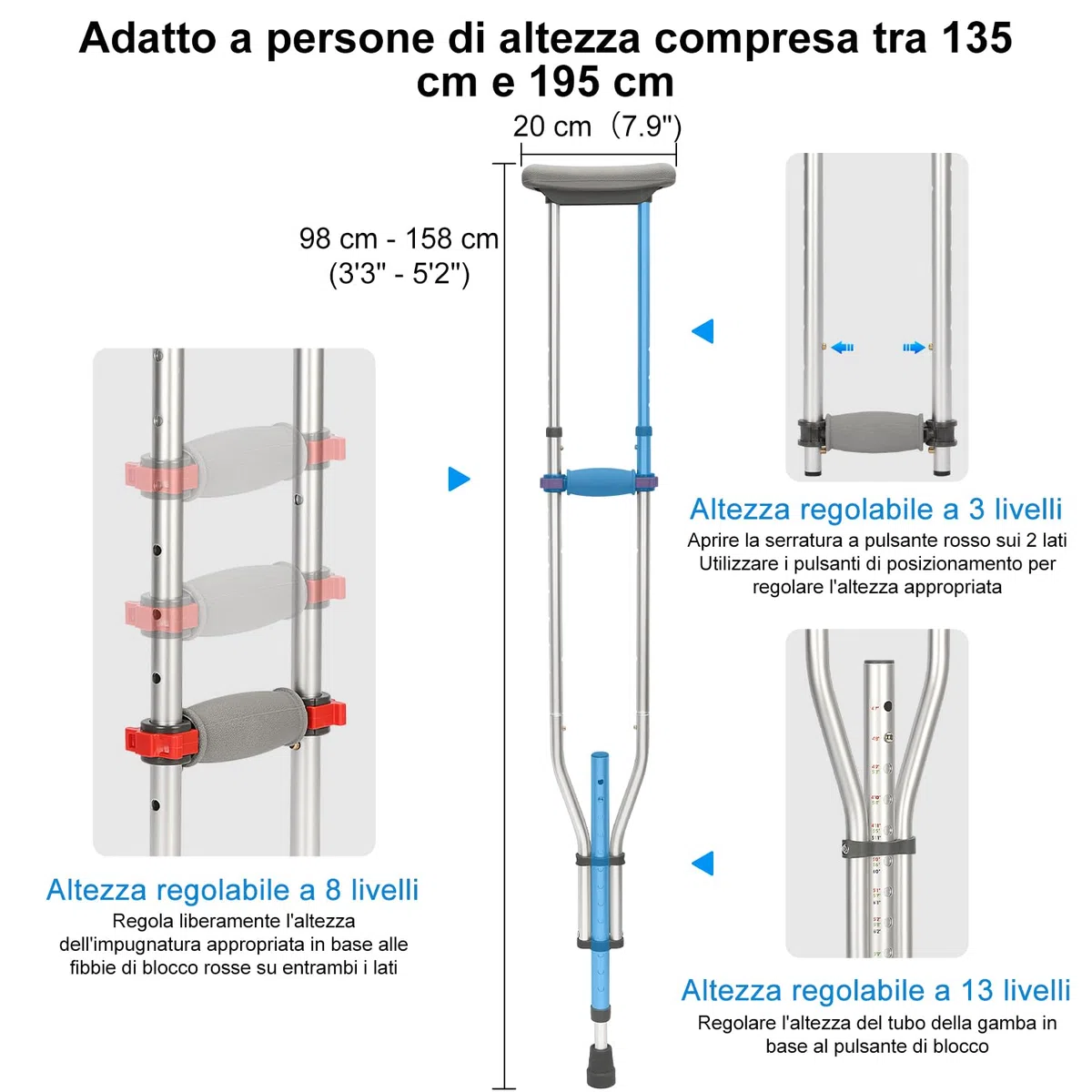 supregear Sottobraccio Stampelle, 1 Coppia Leggero Alluminio Universale Stampelle, Regolabile Avambraccio Stampelle con Morbido Sottobraccio e Mano Grip Pads per Camminare, Argento