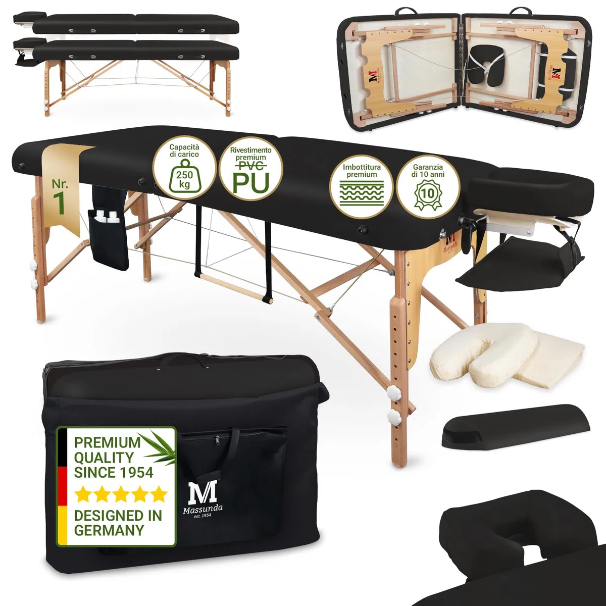 MASSUNDA - Lettino massaggio mobile Comfort Deluxe regolabile in altezza - tavolino massaggio EXTRA largo legno massiccio - panchina con poggiatesta ergonomico, copertura, bracciolo, cuscino (nero)