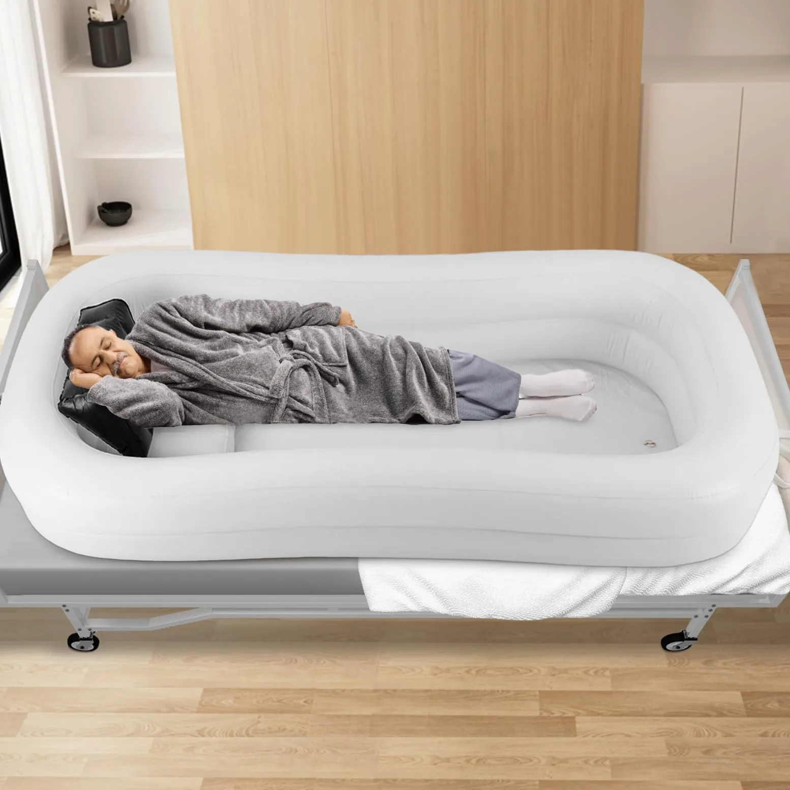 Vasca da bagno gonfiabile medica per adulti, portatile in PVC vasca da bagno con pompa ad aria, sistema doccia portatile a letto per disabili, anziani