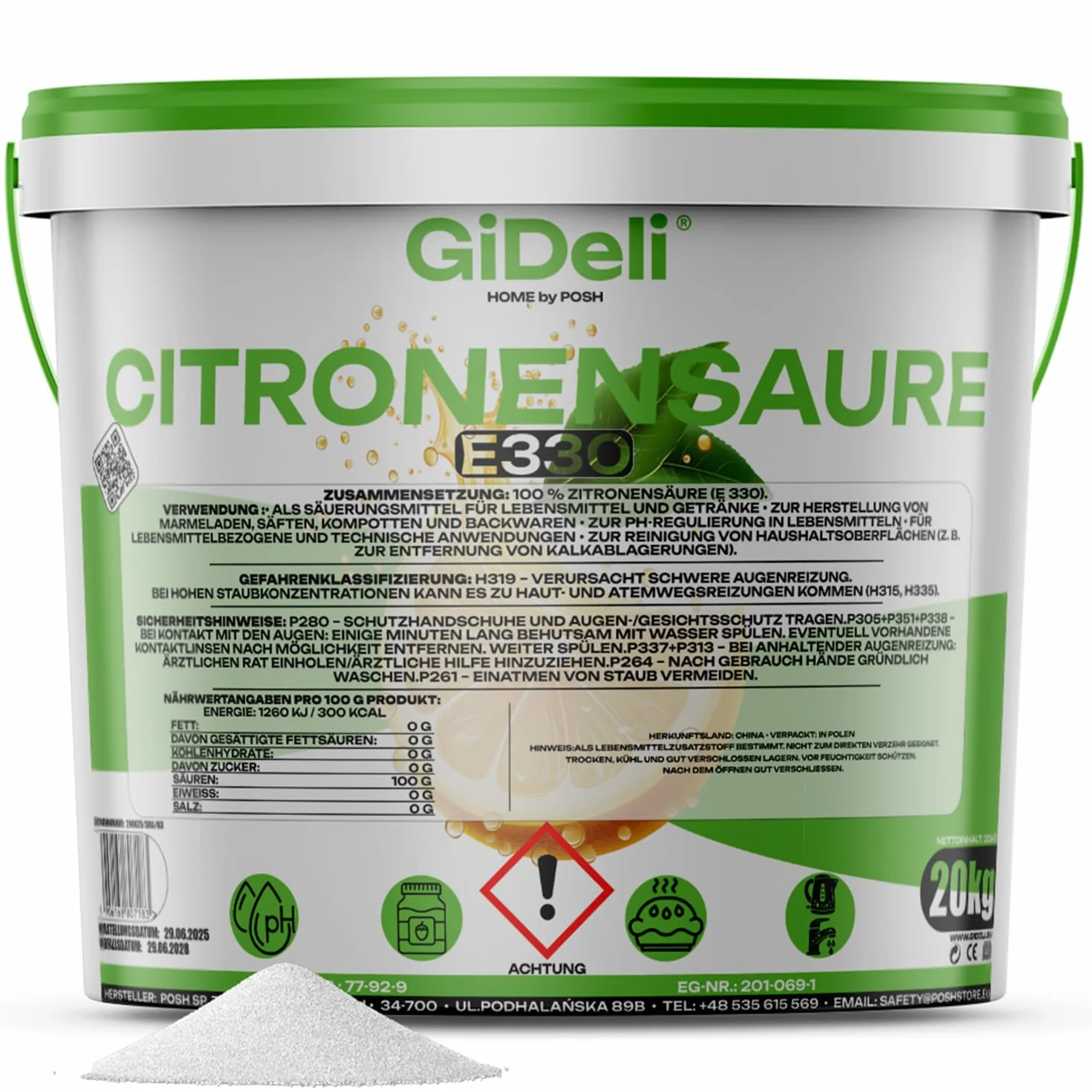 GiDeli Acido citrico alimentare in polvere monoidrato E330 20 kg cristalli puri anticalcare