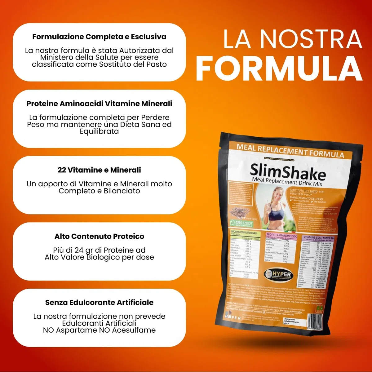 Hyper Slim Shake - Sostituto Pasto Dimagrante gr 3000 Gusto Cacao - Pasto Sostitutivo Dimagrante per Frullati e Shakes Proteici Ideale per Perdita e Controllo del Peso Forma. Made in Italy
