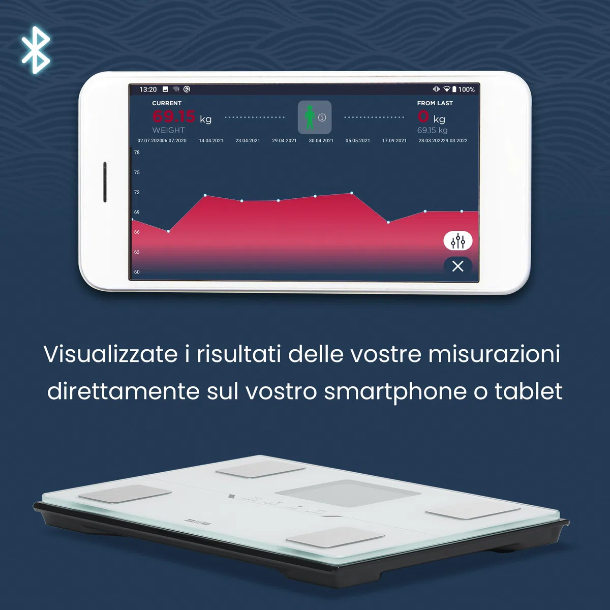 TANITA BC-401 Bilancia intelligente per composizione corporea familiare compatta bianca con APP per il monitoraggio del fitness