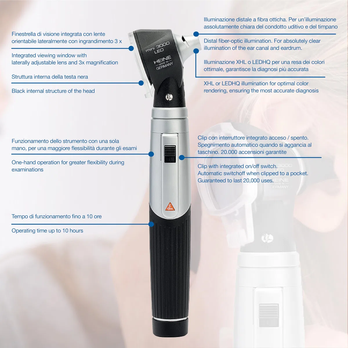 HEINE - Mini otoscopio 3000 LED 2,5 V DIRECT con speculum riutilizzabili, set con astuccio e speculum riutilizzabili, nero