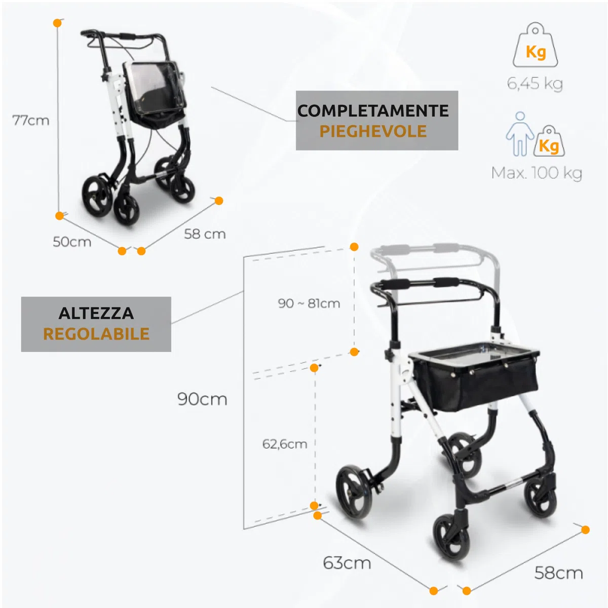 GOVITA - deambulatore per anziani 4 ruote,Girello in alluminio leggero con seduta,Rollator pieghevole, Altezza sedile regolabile,Per esterno e interno