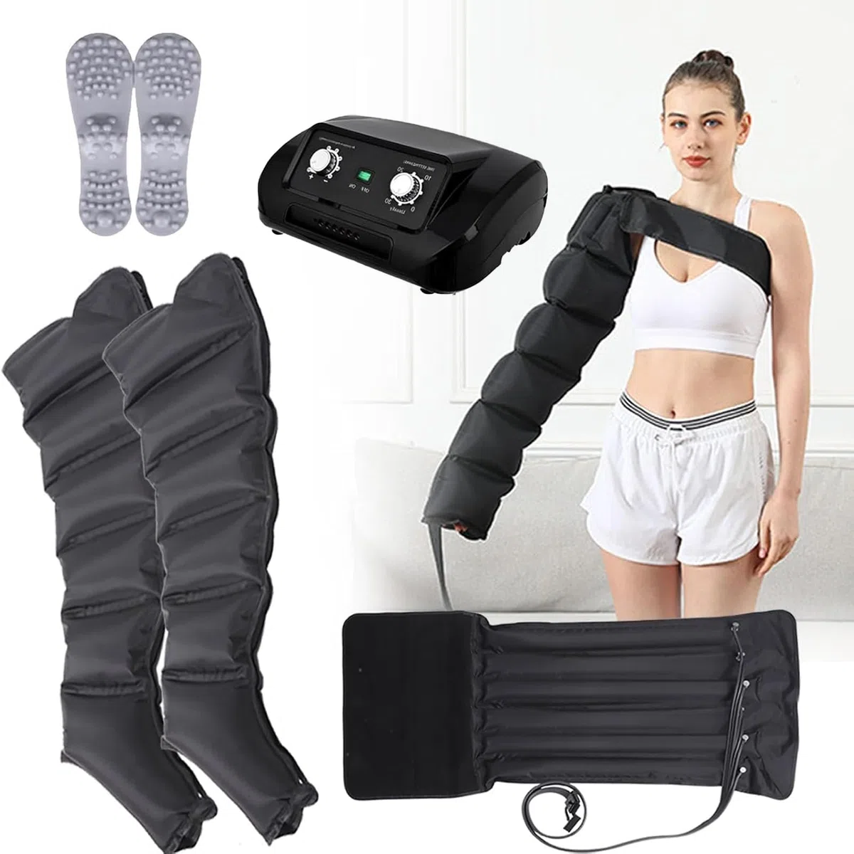 Massaggiatore Piedi E Gambe, Macchinario Pressoterapia per Casa con 6 airbag per Piedi e Polpacci da Onde di Pressione per Drenaggio Linfatico, Aiuta Ad Alleviare Il Dolore E Il Relax Del Linfedema
